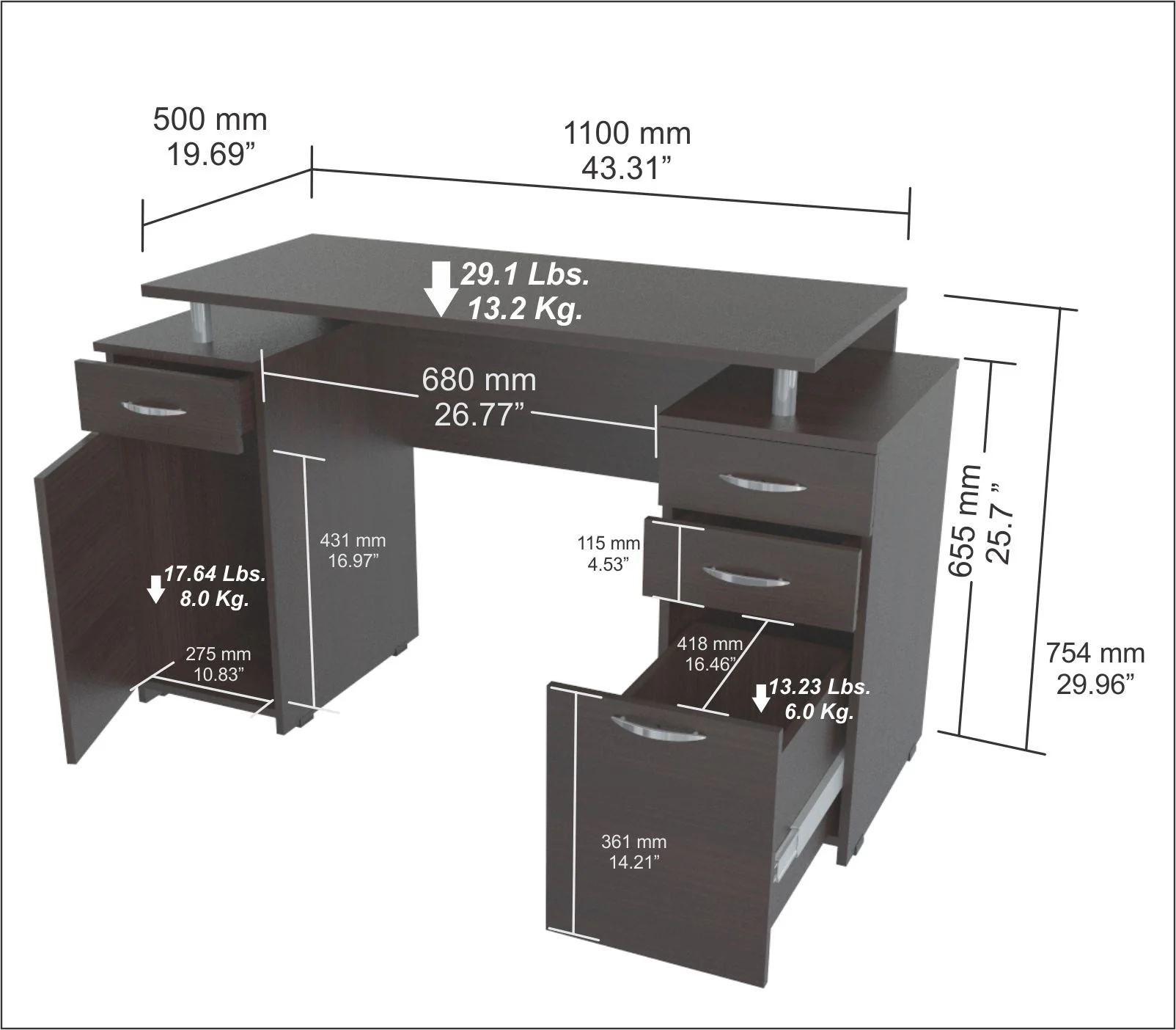 Espresso Finish Wood Computer Desk with Four Drawers By Homeroots - Image 5