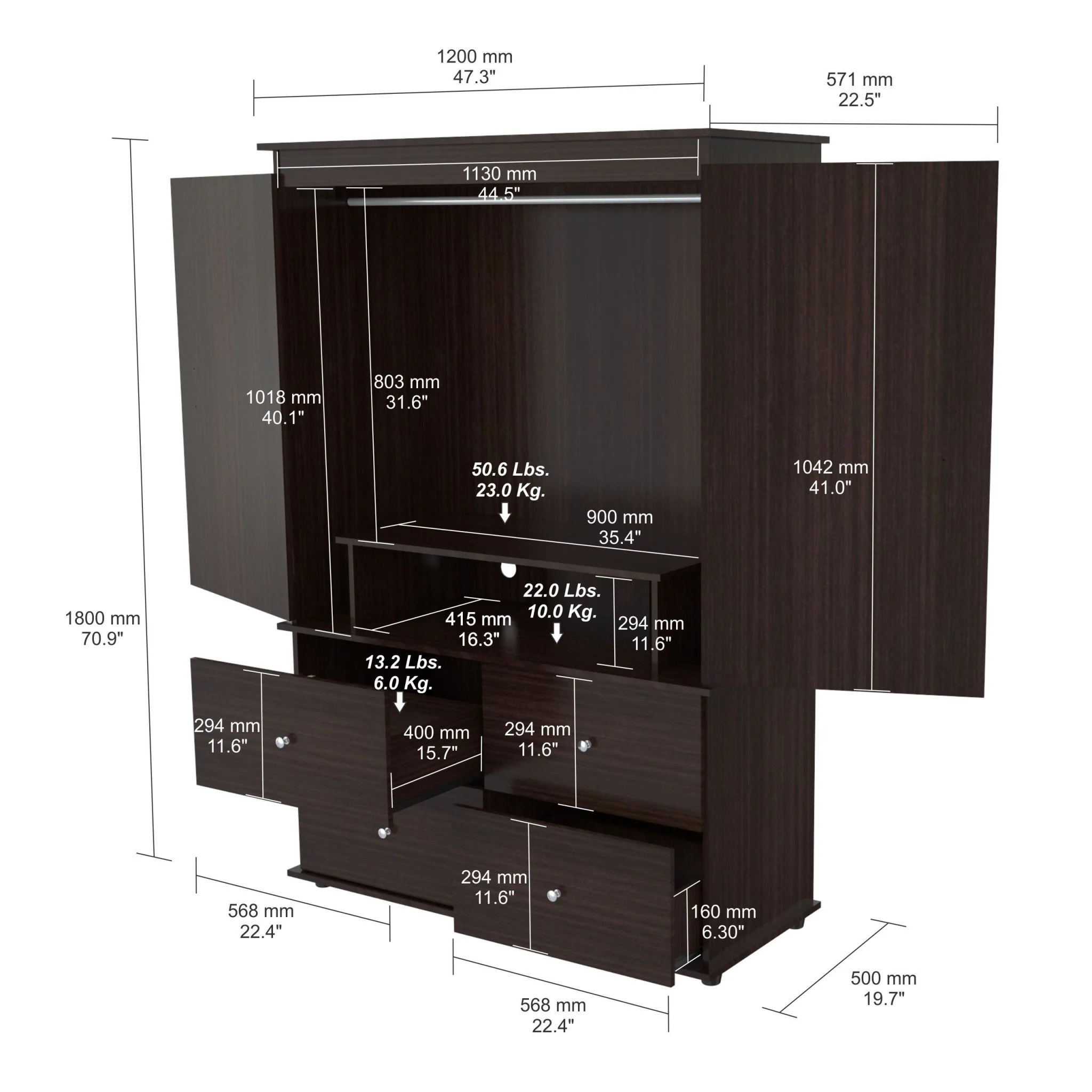 Espresso Finish Wood Four Drawer Armoire Dresser By Homeroots - Image 2