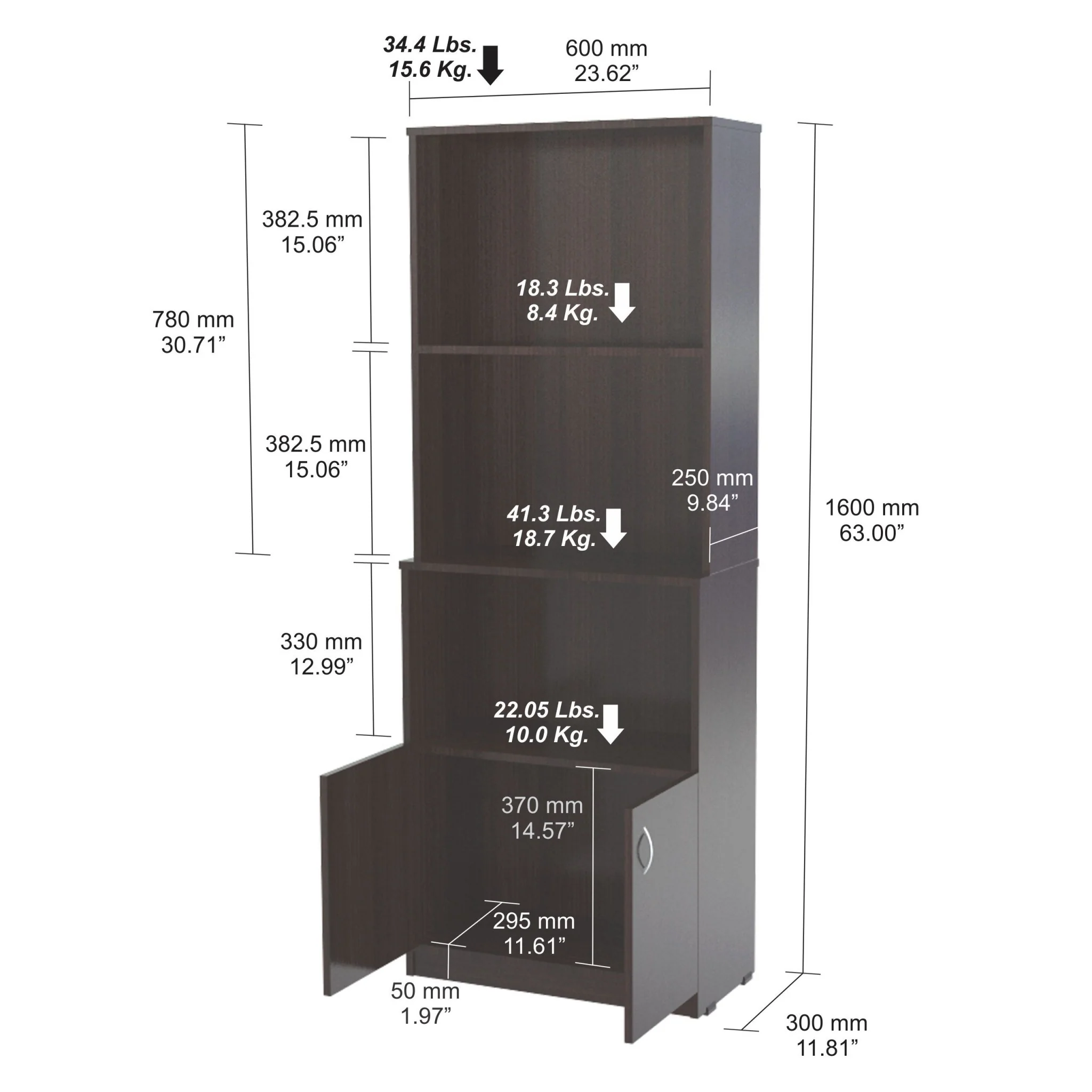 Espresso Finish Wood Three Self and Cabinet Bookcase By Homeroots - Image 6