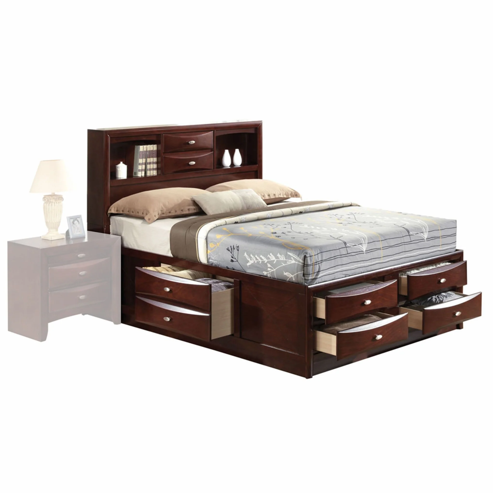 Espresso Multii-Drawer Wood Platform Queen Bed With Pull Out Tray By Homeroots - Image 2