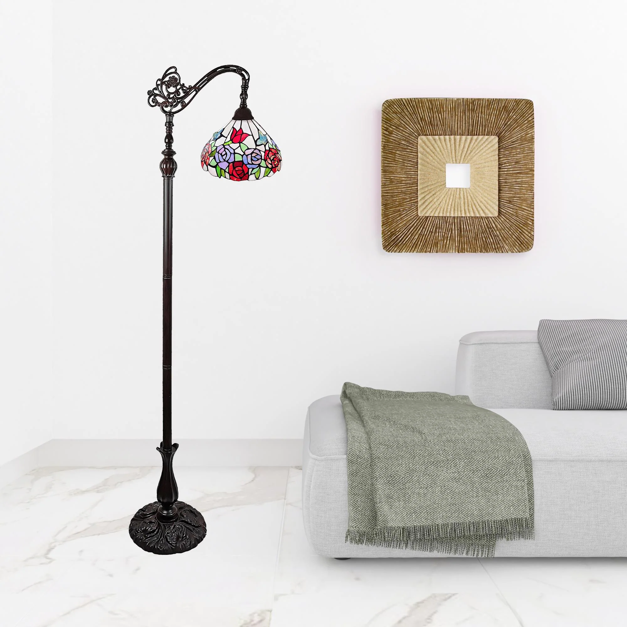 Espresso Torchiere Floor Lamp With Green And White Flowers Glass Dome Shade By Homeroots - Image 2