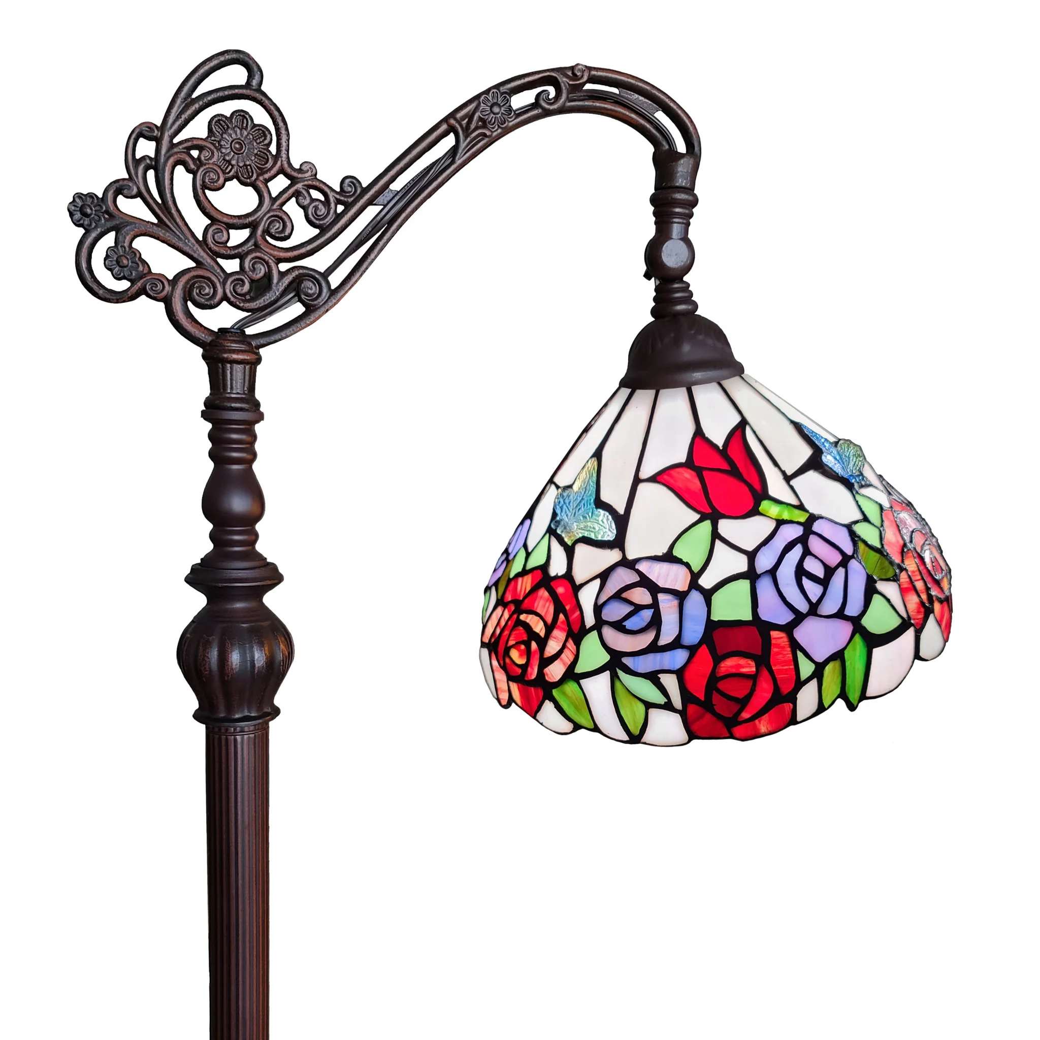 Espresso Torchiere Floor Lamp With Green And White Flowers Glass Dome Shade By Homeroots - Image 3