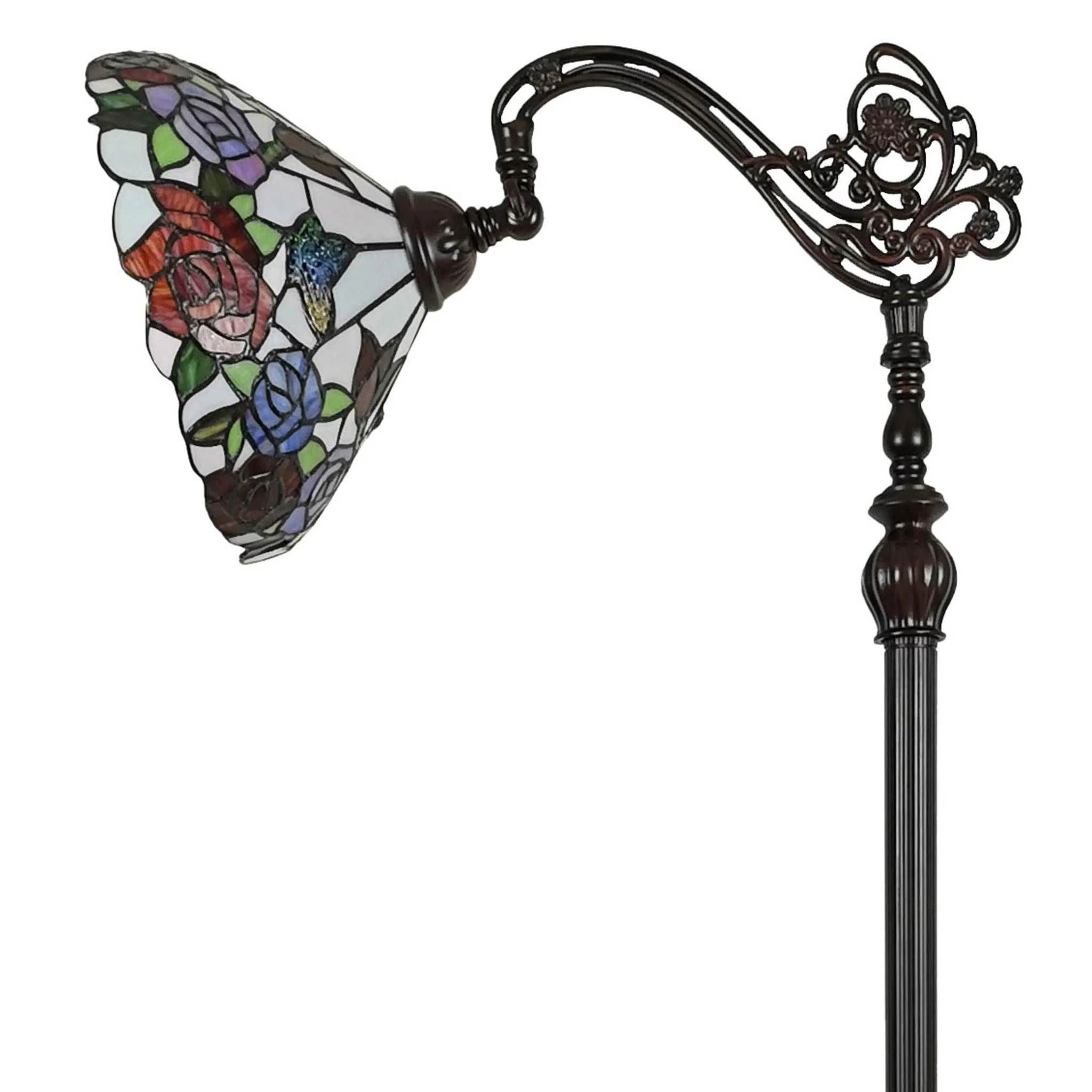 Espresso Torchiere Floor Lamp With Green And White Flowers Glass Dome Shade By Homeroots - Image 4