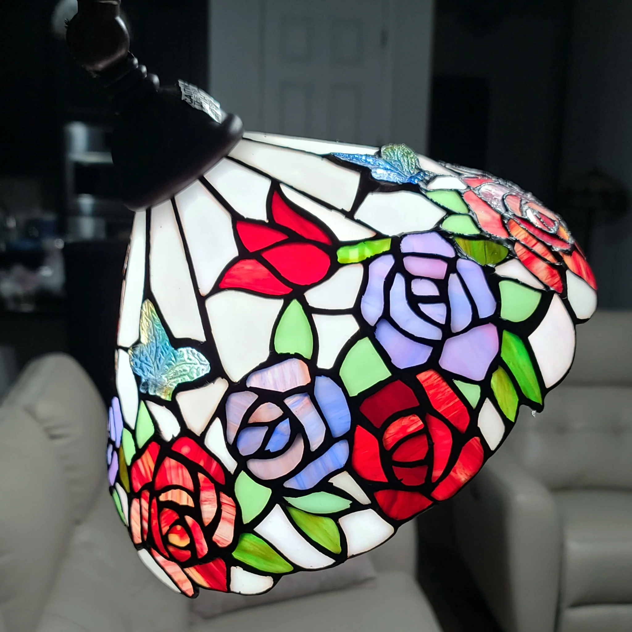 Espresso Torchiere Floor Lamp With Green And White Flowers Glass Dome Shade By Homeroots - Image 5
