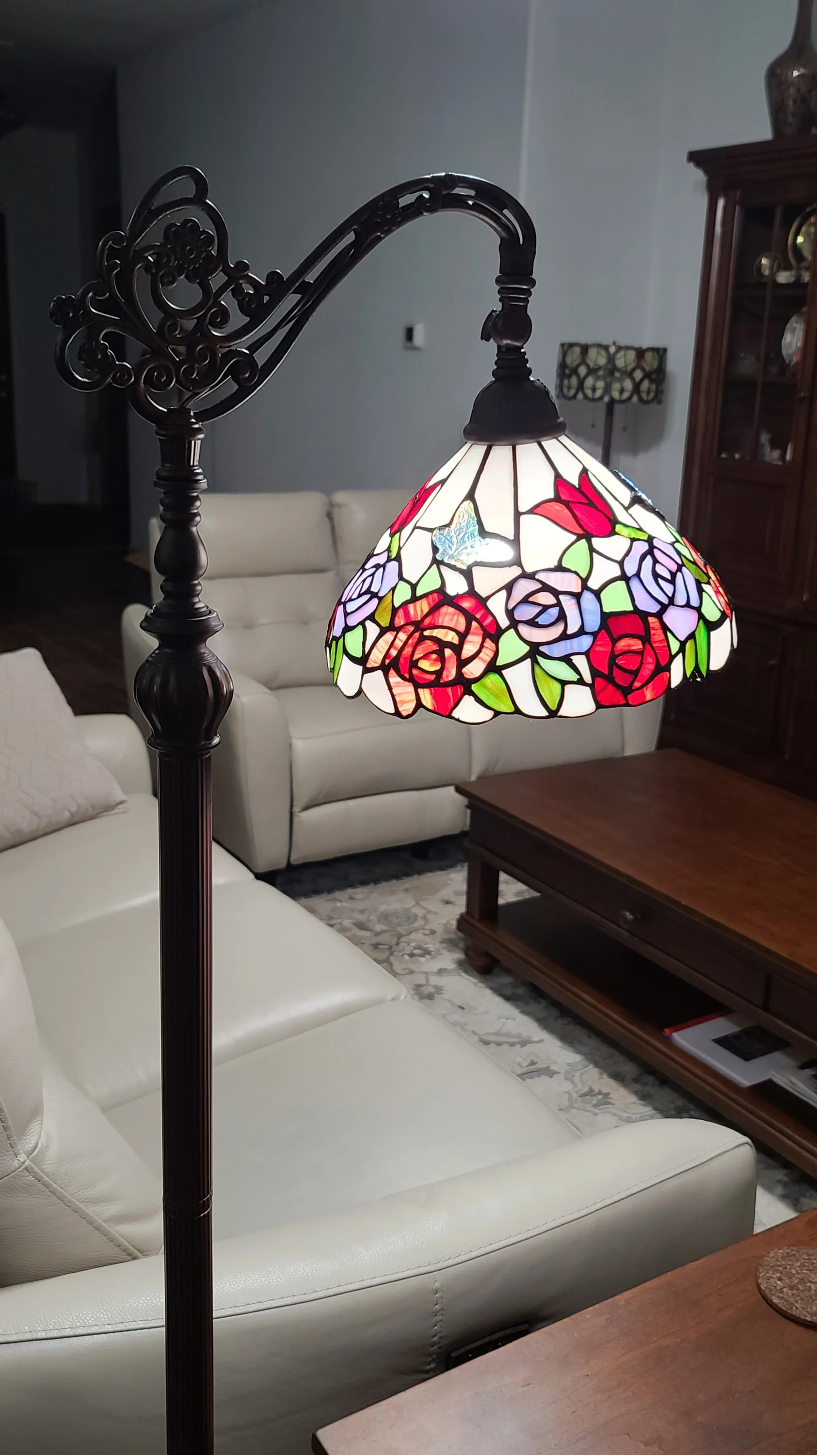 Espresso Torchiere Floor Lamp With Green And White Flowers Glass Dome Shade By Homeroots - Image 6