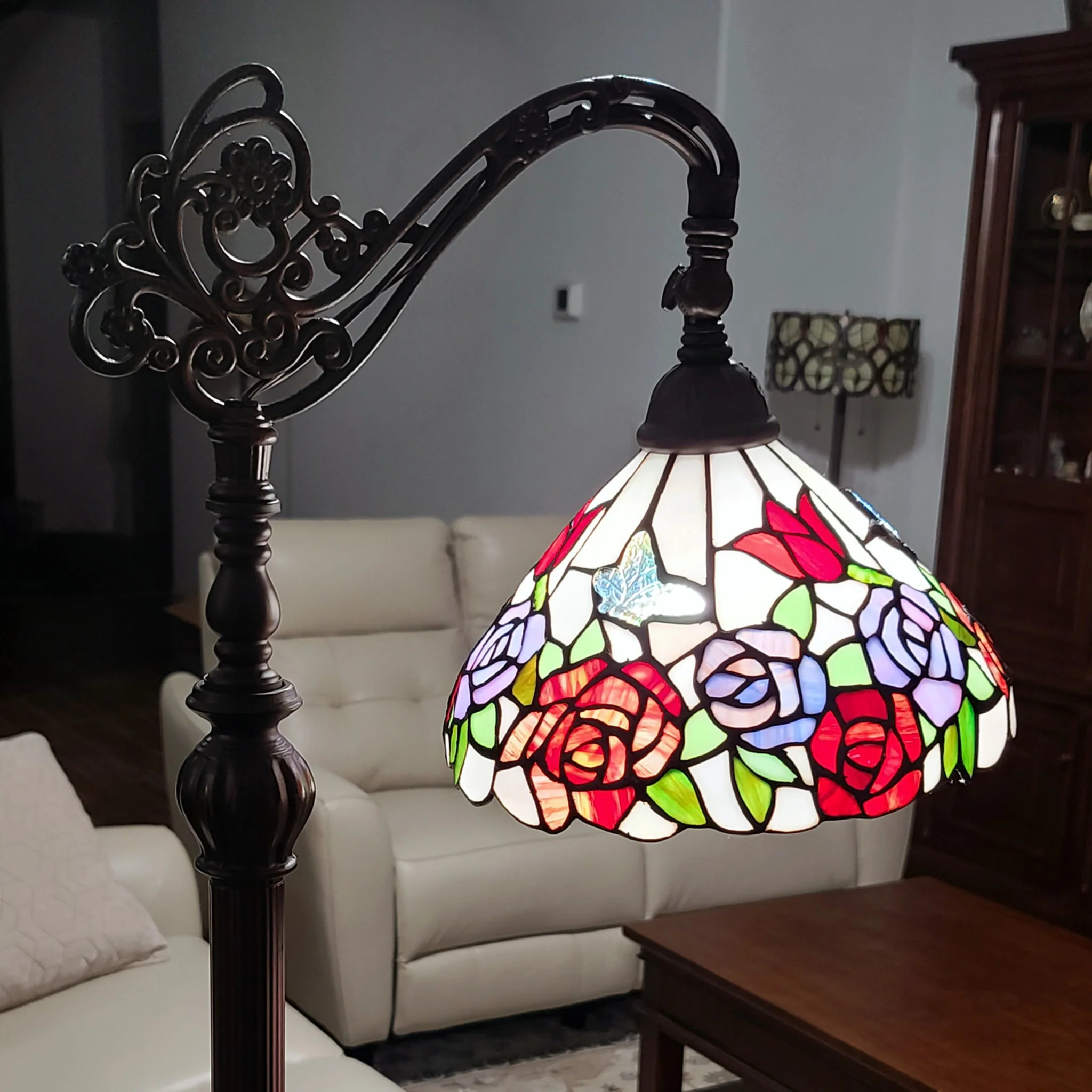 Espresso Torchiere Floor Lamp With Green And White Flowers Glass Dome Shade By Homeroots - Image 7