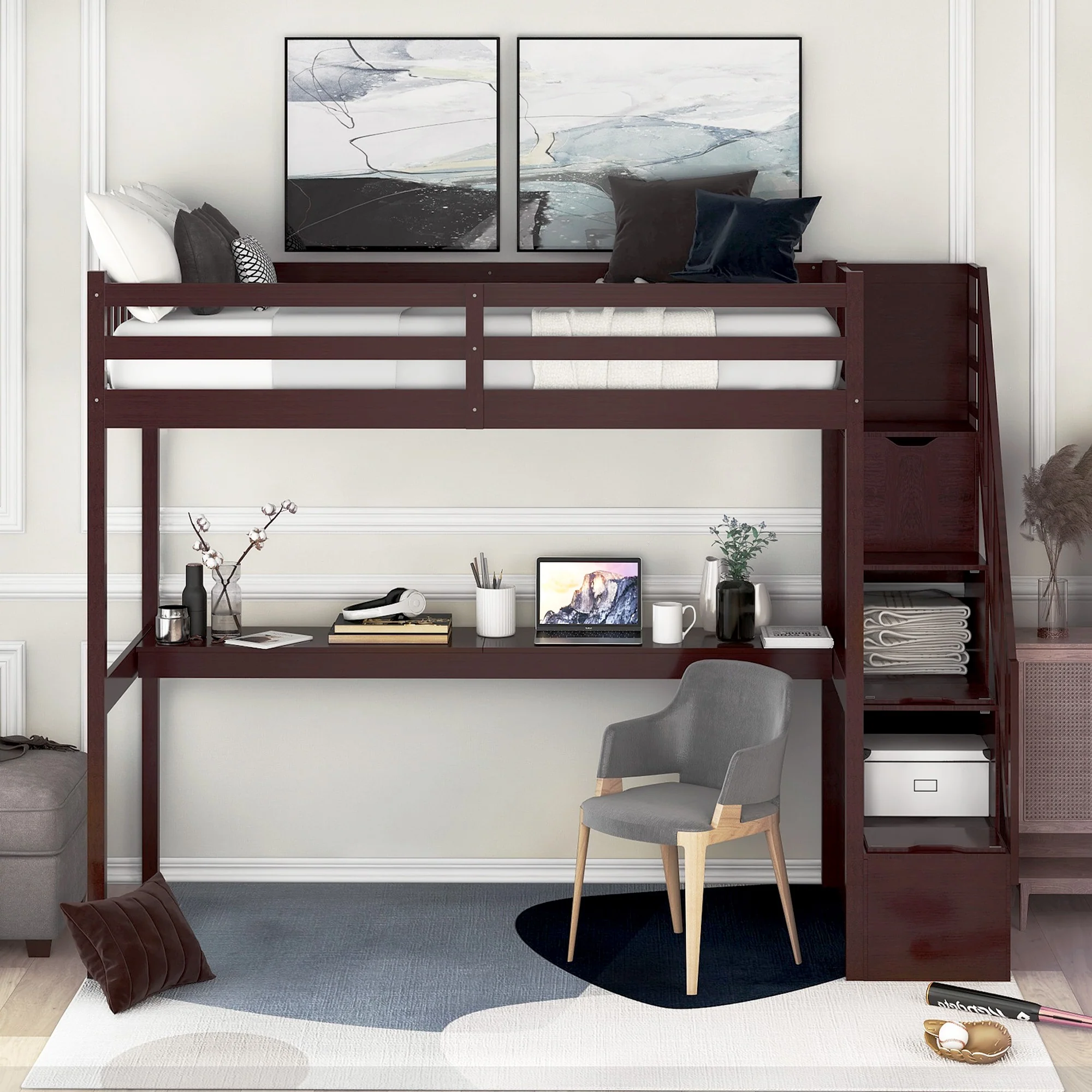 Espresso Twin Size Loft Bed With Built In Desk And Stairway By Homeroots - Image 2