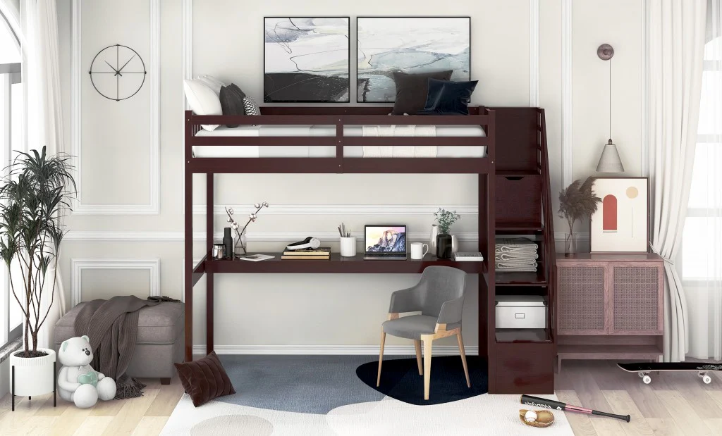 Espresso Twin Size Loft Bed With Built In Desk And Stairway By Homeroots - Image 3