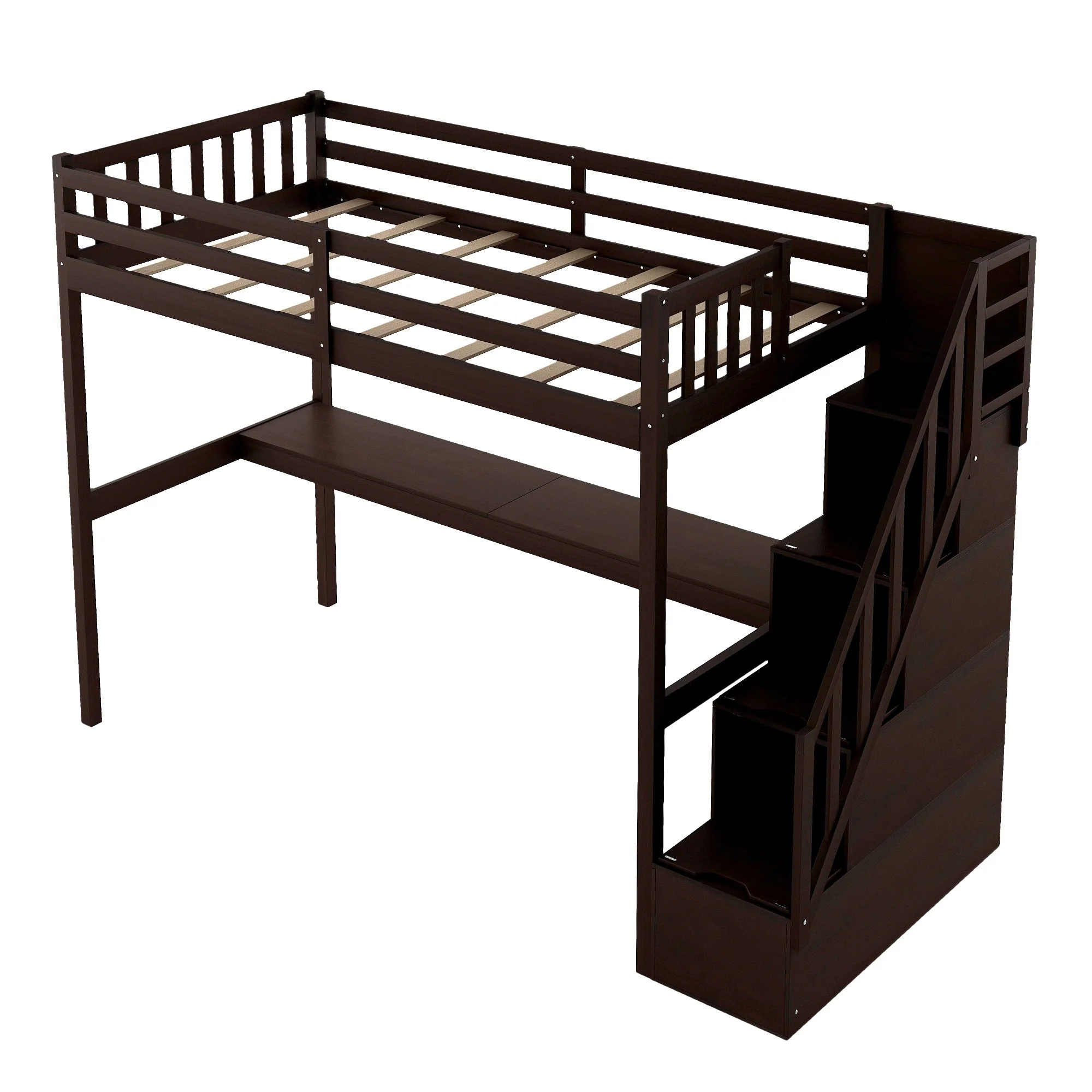 Espresso Twin Size Loft Bed With Built In Desk And Stairway By Homeroots - Image 5