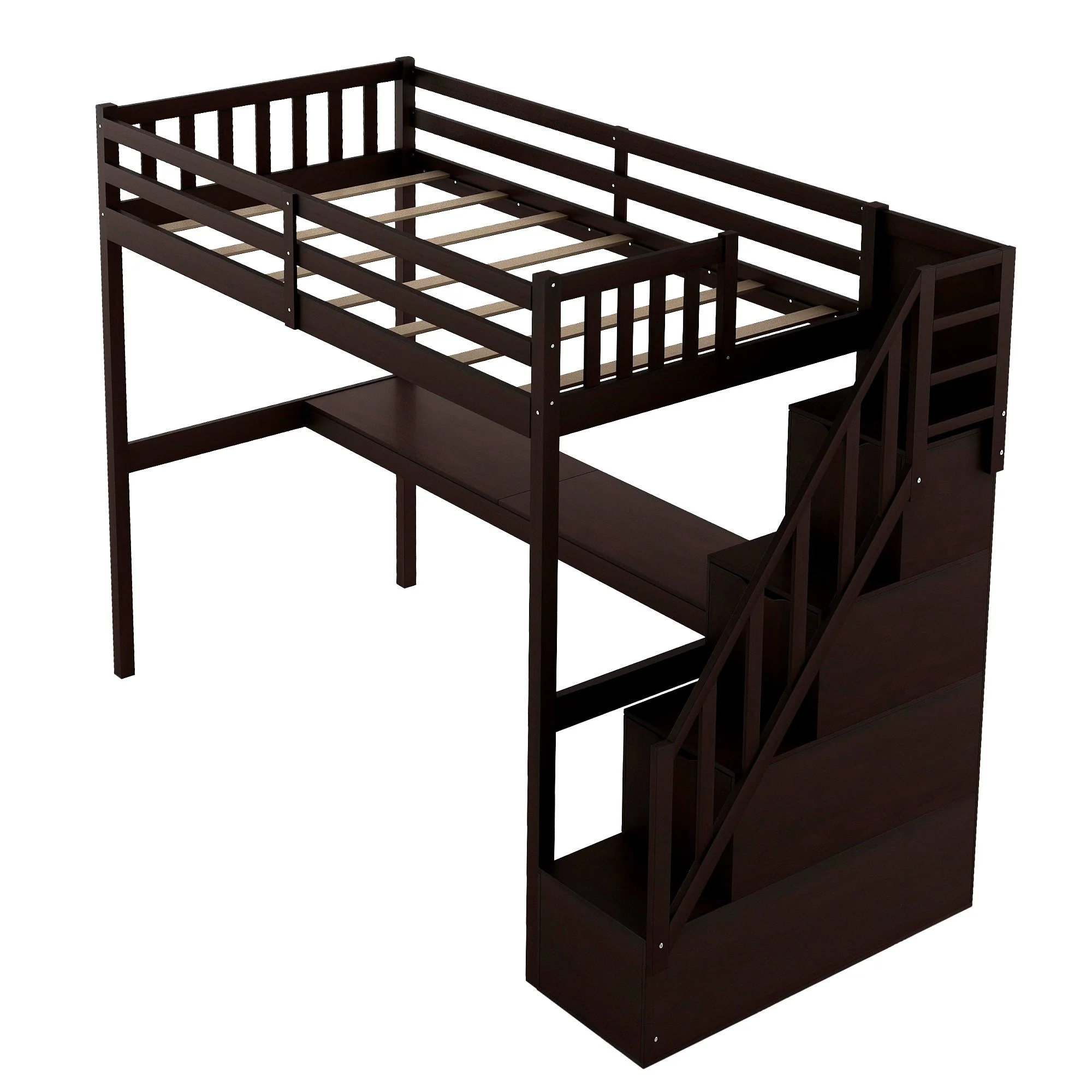 Espresso Twin Size Loft Bed With Built In Desk And Stairway By Homeroots - Image 6