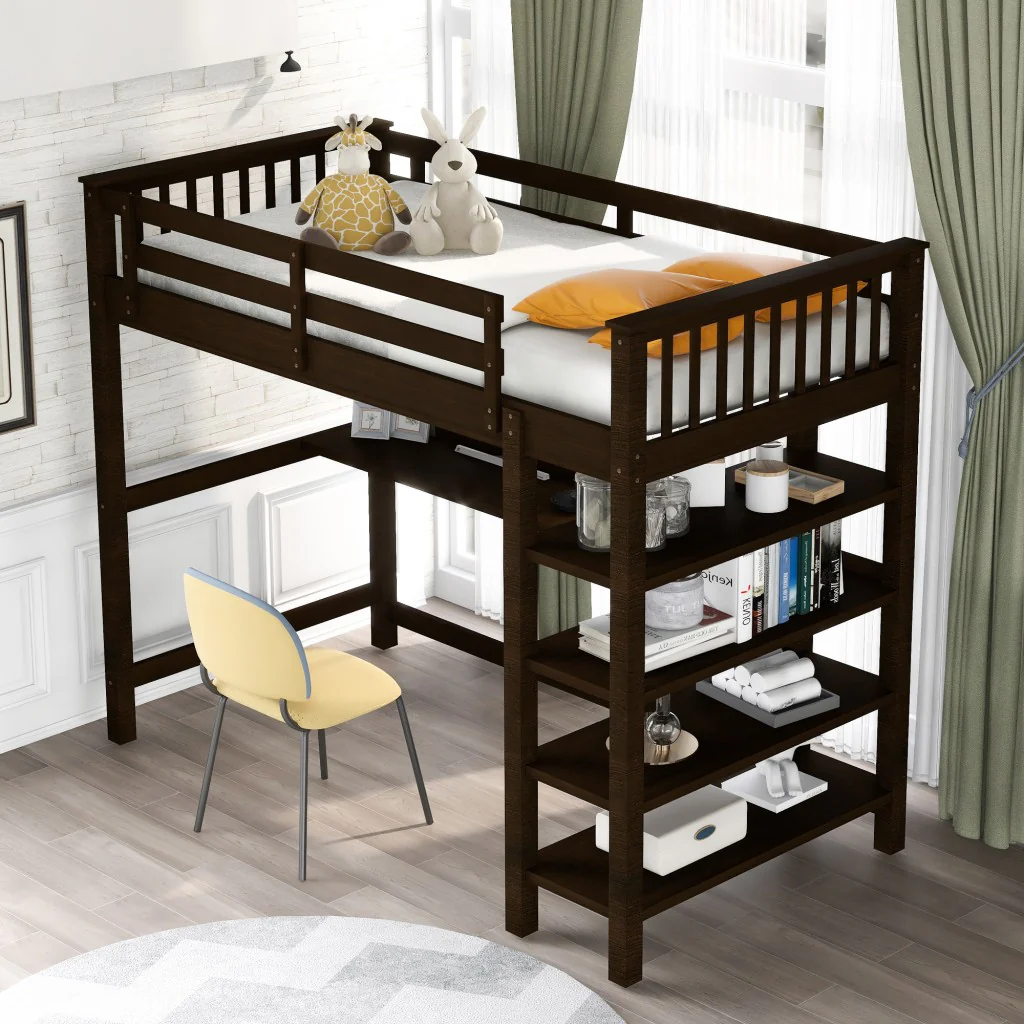 Espresso Twin Size Wood Loft Bed With Storage Shelves And Desk By Homeroots - Image 2