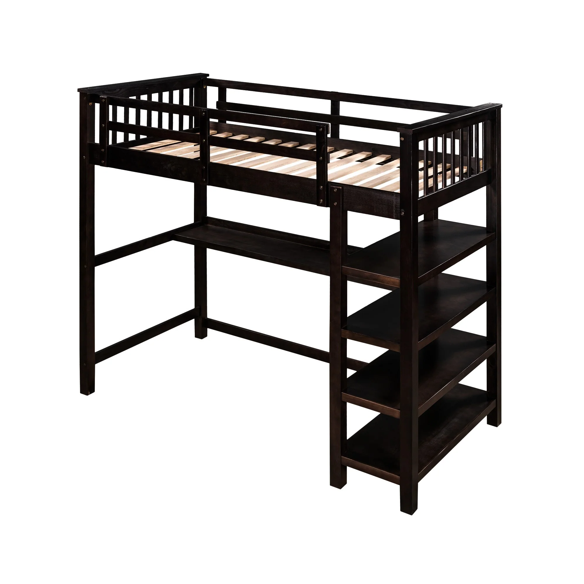 Espresso Twin Size Wood Loft Bed With Storage Shelves And Desk By Homeroots - Image 3