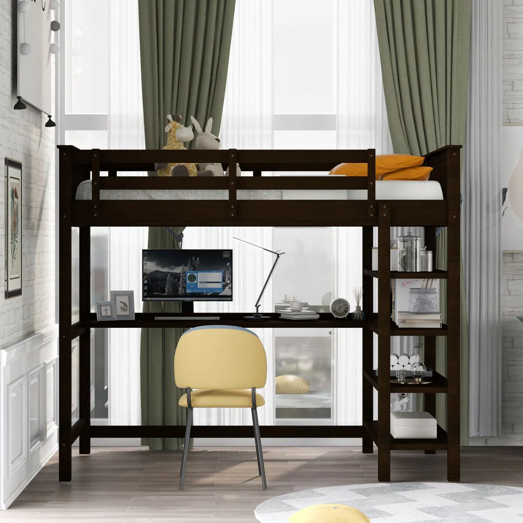 Espresso Twin Size Wood Loft Bed With Storage Shelves And Desk By Homeroots - Image 4