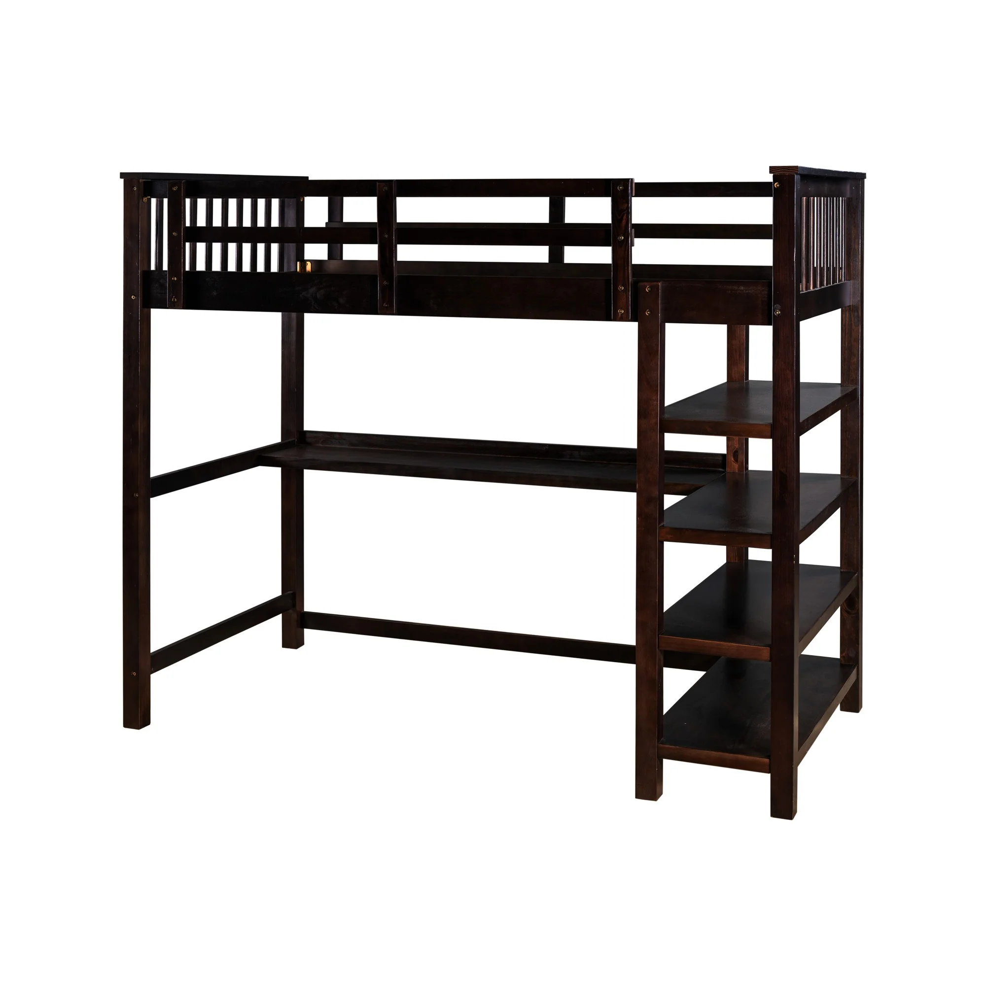 Espresso Twin Size Wood Loft Bed With Storage Shelves And Desk By Homeroots - Image 5