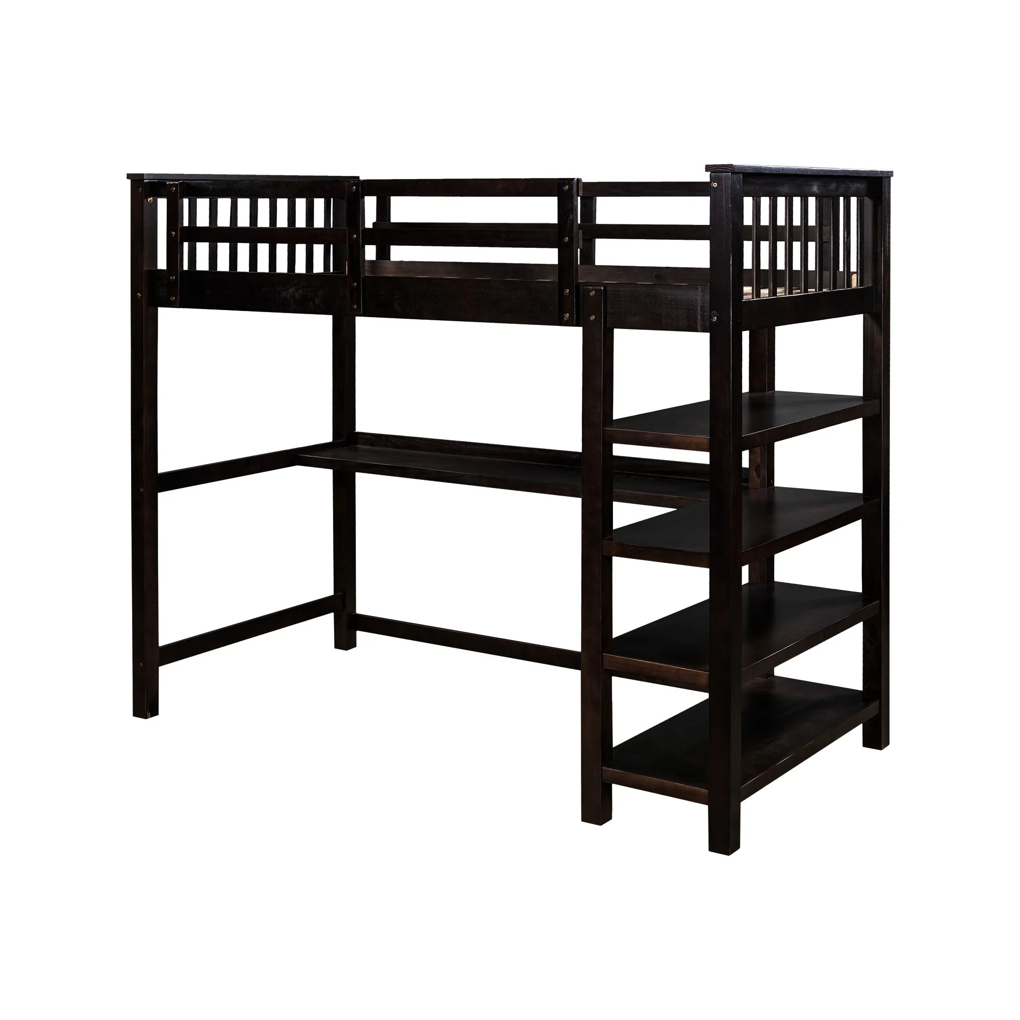 Espresso Twin Size Wood Loft Bed With Storage Shelves And Desk By Homeroots - Image 6