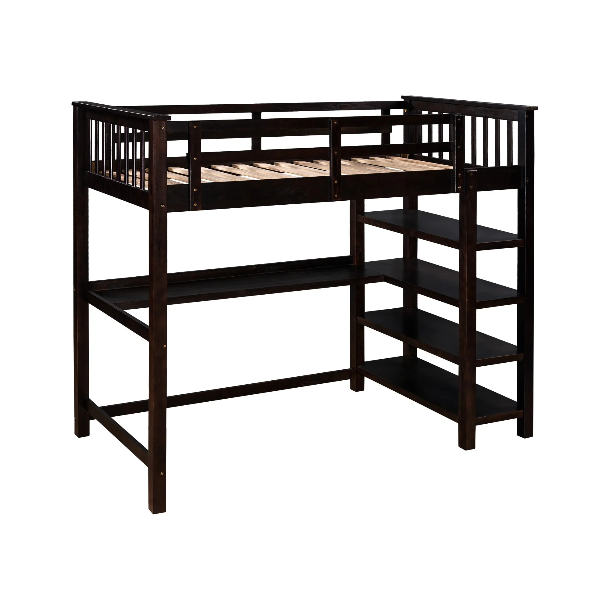 Espresso Twin Size Wood Loft Bed With Storage Shelves And Desk By Homeroots - Image 7