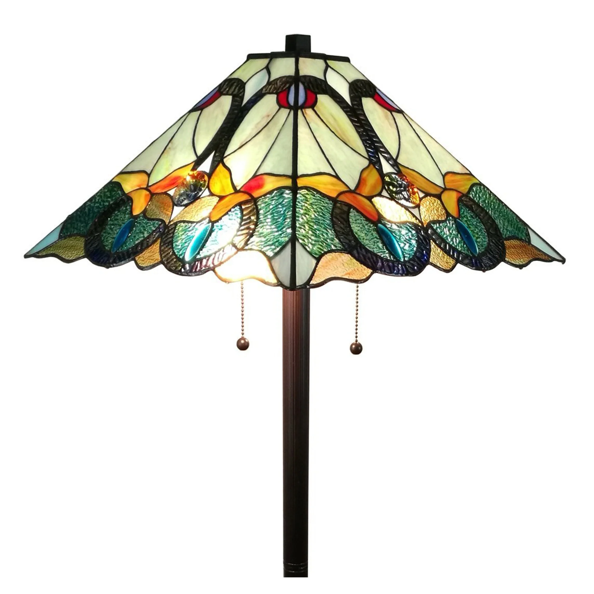 Espresso Two Light Torchiere Floor Lamp With Blue Flowers Glass Cone Shade By Homeroots - Image 2