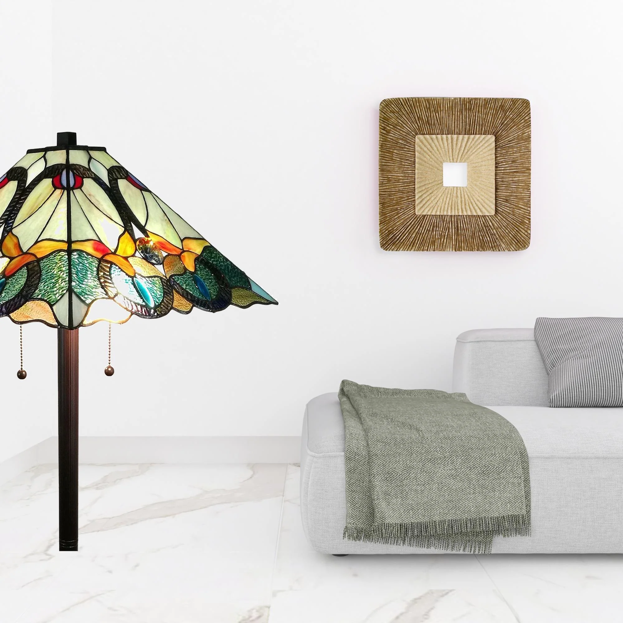 Espresso Two Light Torchiere Floor Lamp With Blue Flowers Glass Cone Shade By Homeroots - Image 4