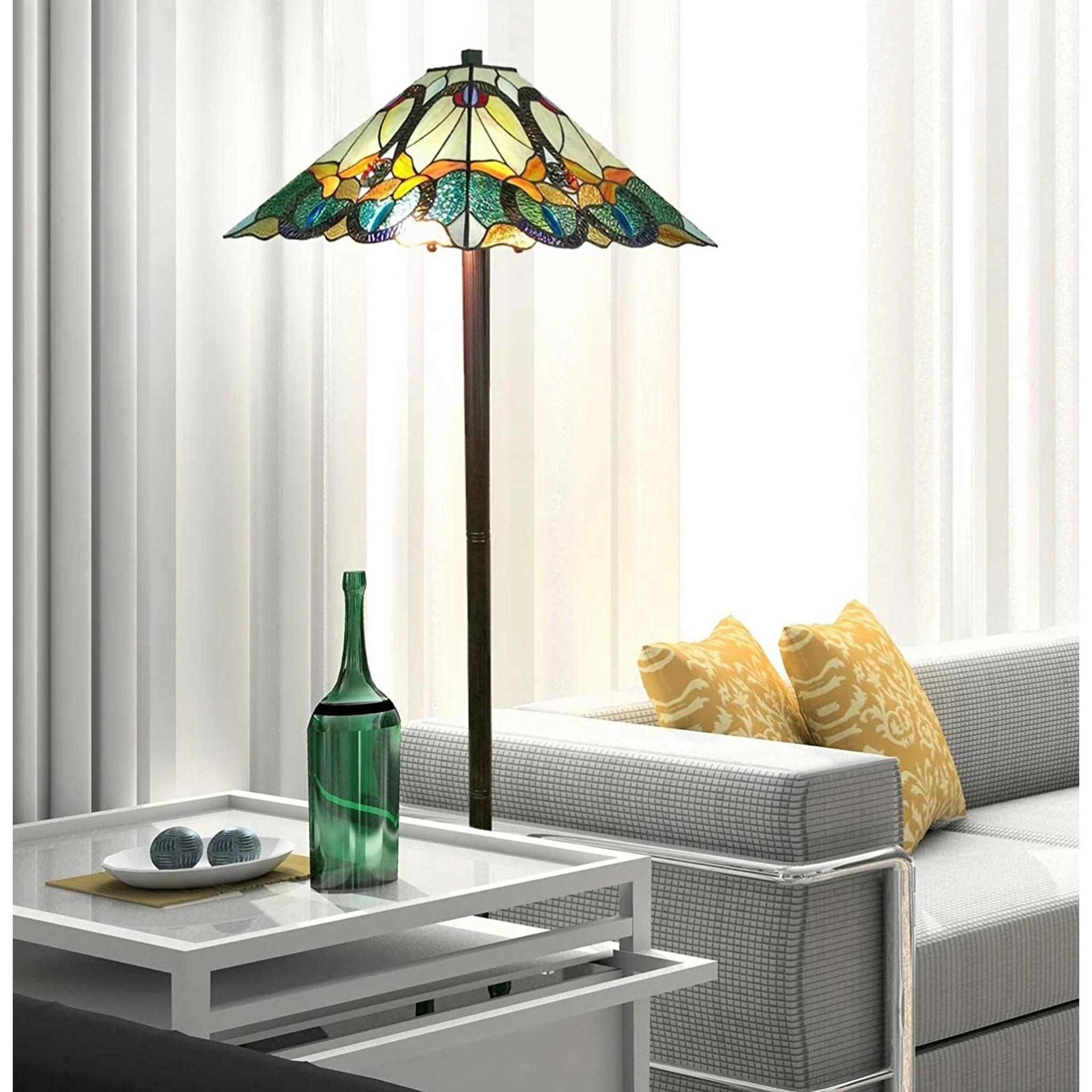 Espresso Two Light Torchiere Floor Lamp With Blue Flowers Glass Cone Shade By Homeroots - Image 5