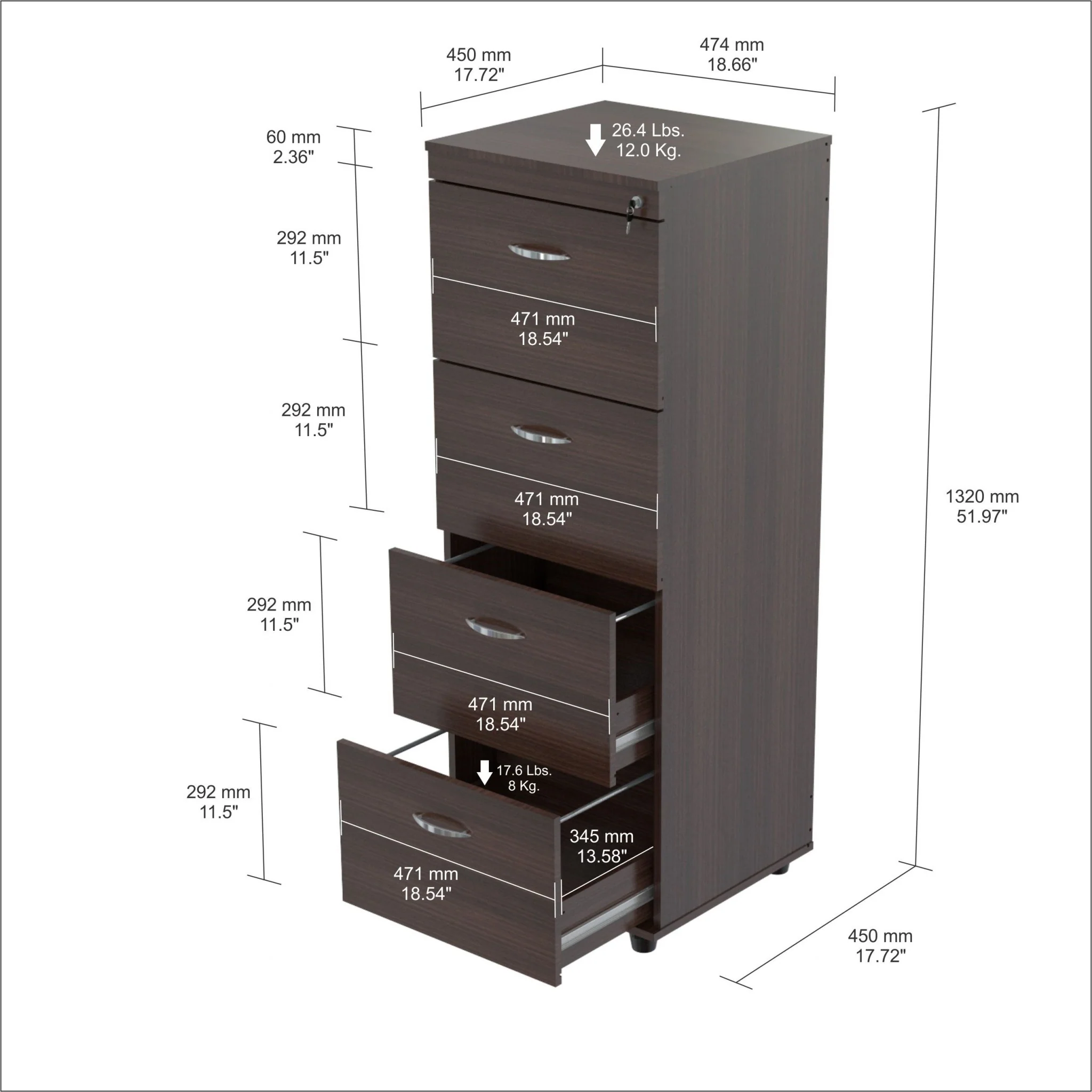 Espresso Wood Finish Four Large Drawer Filing Cabinet By Homeroots - Image 4