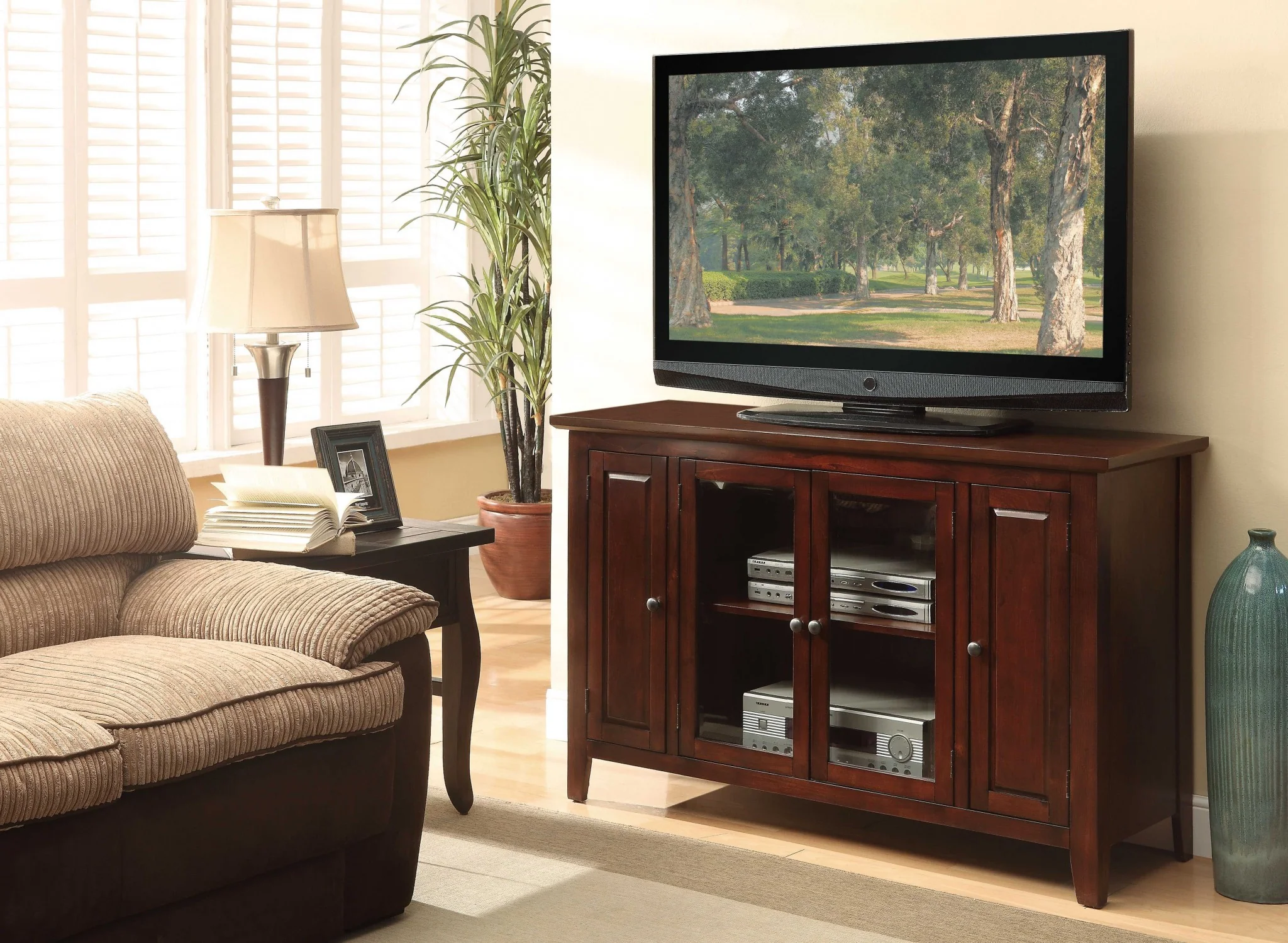 Espresso Wood Glass TV Stand for Flat Screen TVs up to ' By Homeroots - Image 2