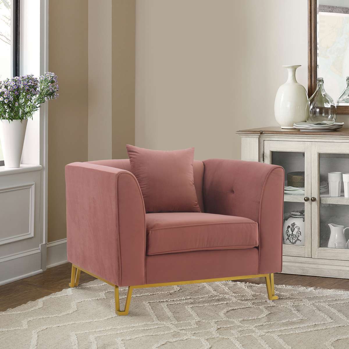 Everest Blue Fabric Upholstered Sofa Accent Chair with Brushed Gold Legs By Armen Living - Image 4