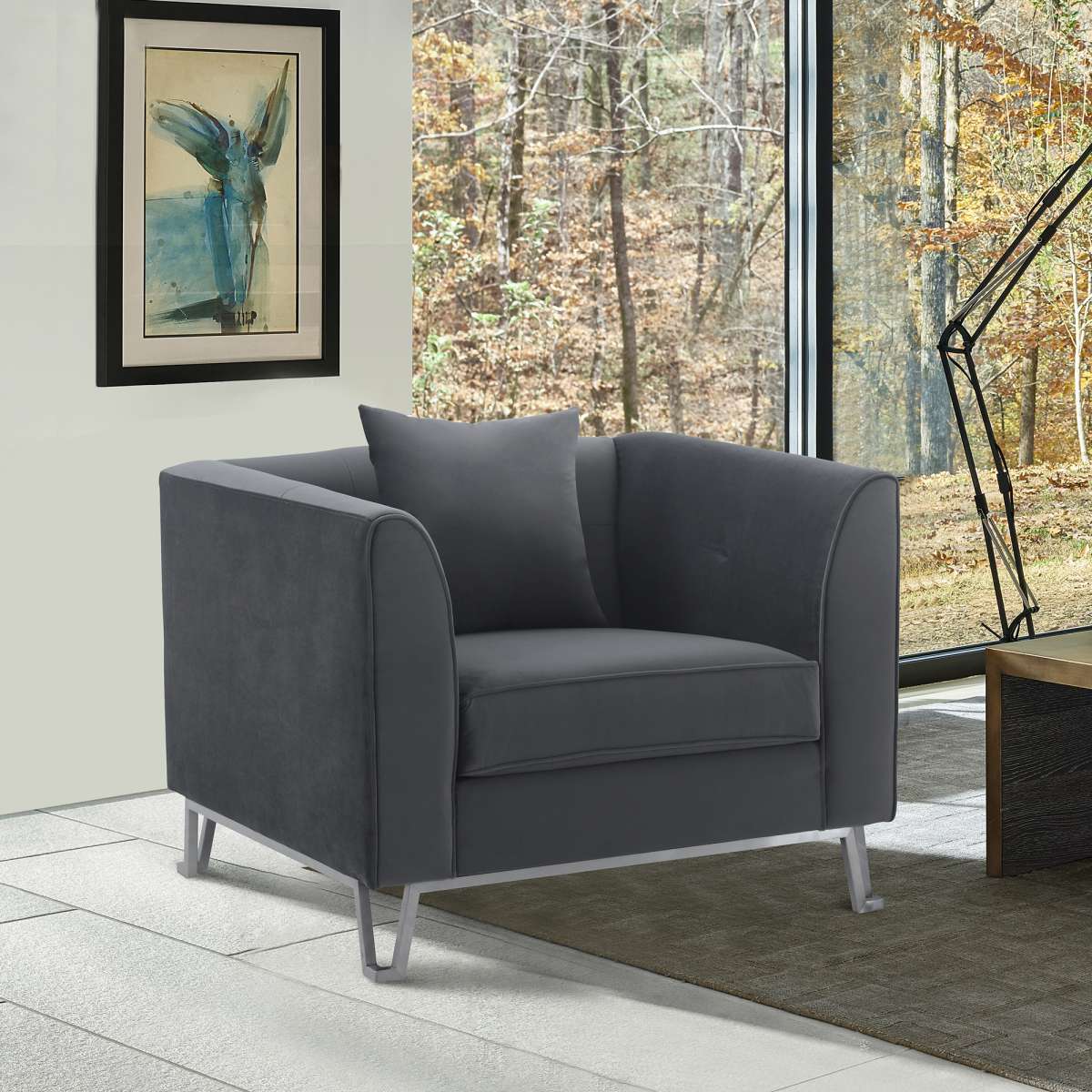 Everest Blue Fabric Upholstered Sofa Accent Chair with Brushed Gold Legs By Armen Living - Image 6