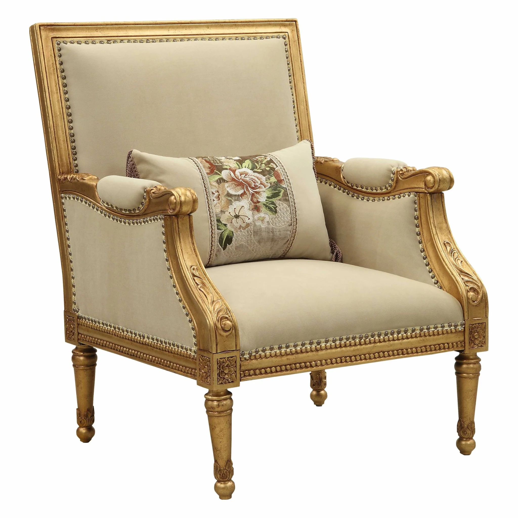 Fabric Antique Gold Upholstery Wood LegTrim Accent Chair & Pillow By Homeroots - Image 3