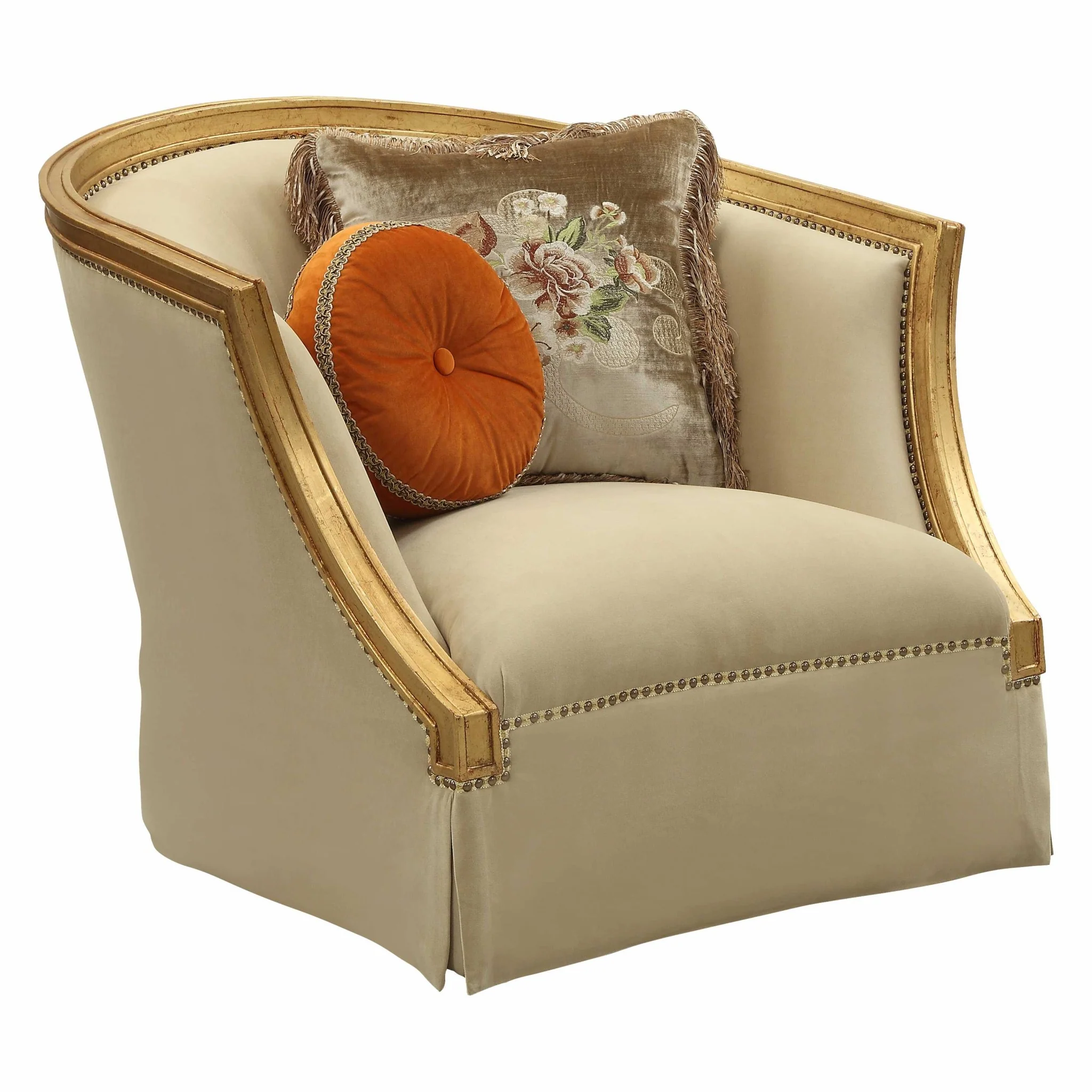 Fabric Antique Gold Upholstery Wood LegTrim Chair w Pillows By Homeroots - Image 3