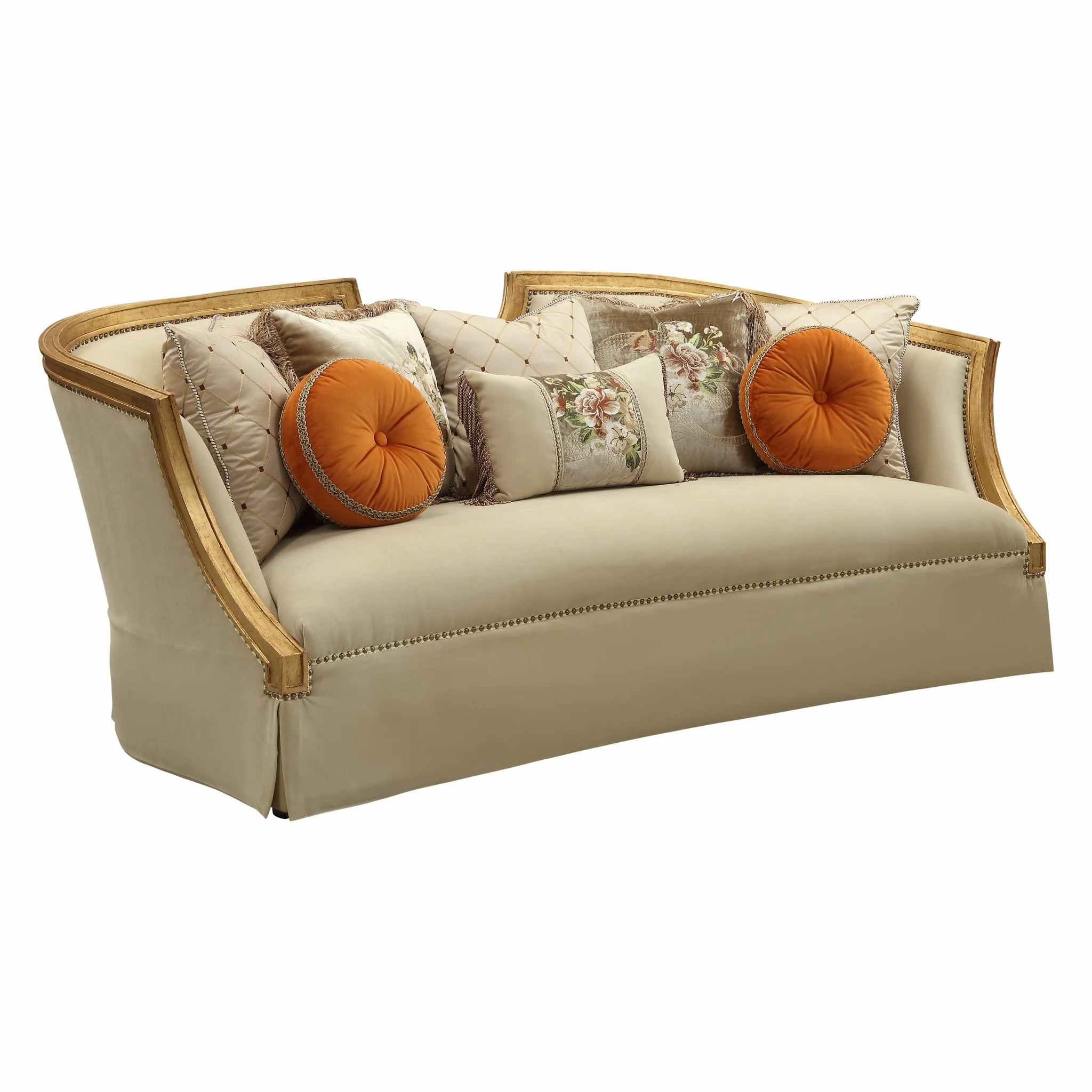 Fabric Antique Gold Upholstery Wood LegTrim Sofa w Pillows By Homeroots - Image 3
