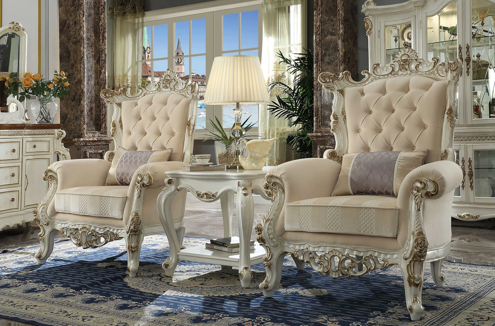Fabric Antique Pearl Upholstery Poly-Resin Accent Chair w Pillow By Homeroots - Image 2
