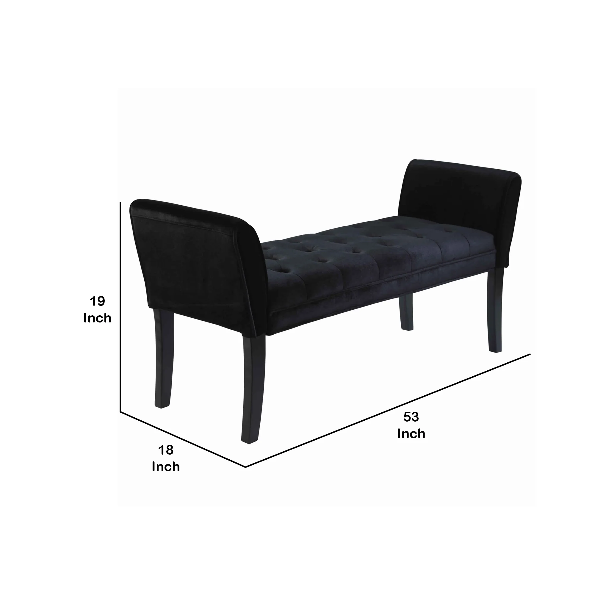 Fabric Button Tufted Padded Bench with Flared Cushioned Armrests, Black By Benzara - Image 4