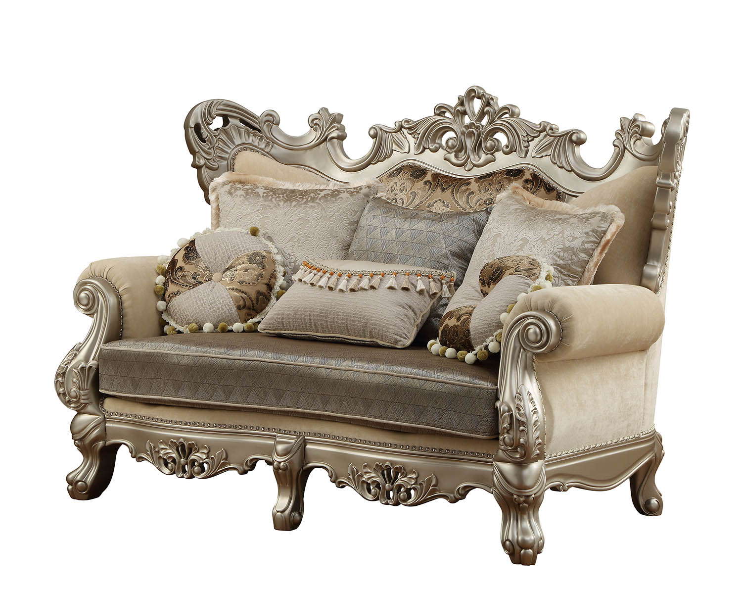 Fabric & Champagne Upholstery Wood LegTrim Loveseat w Pillows By Homeroots - Image 3