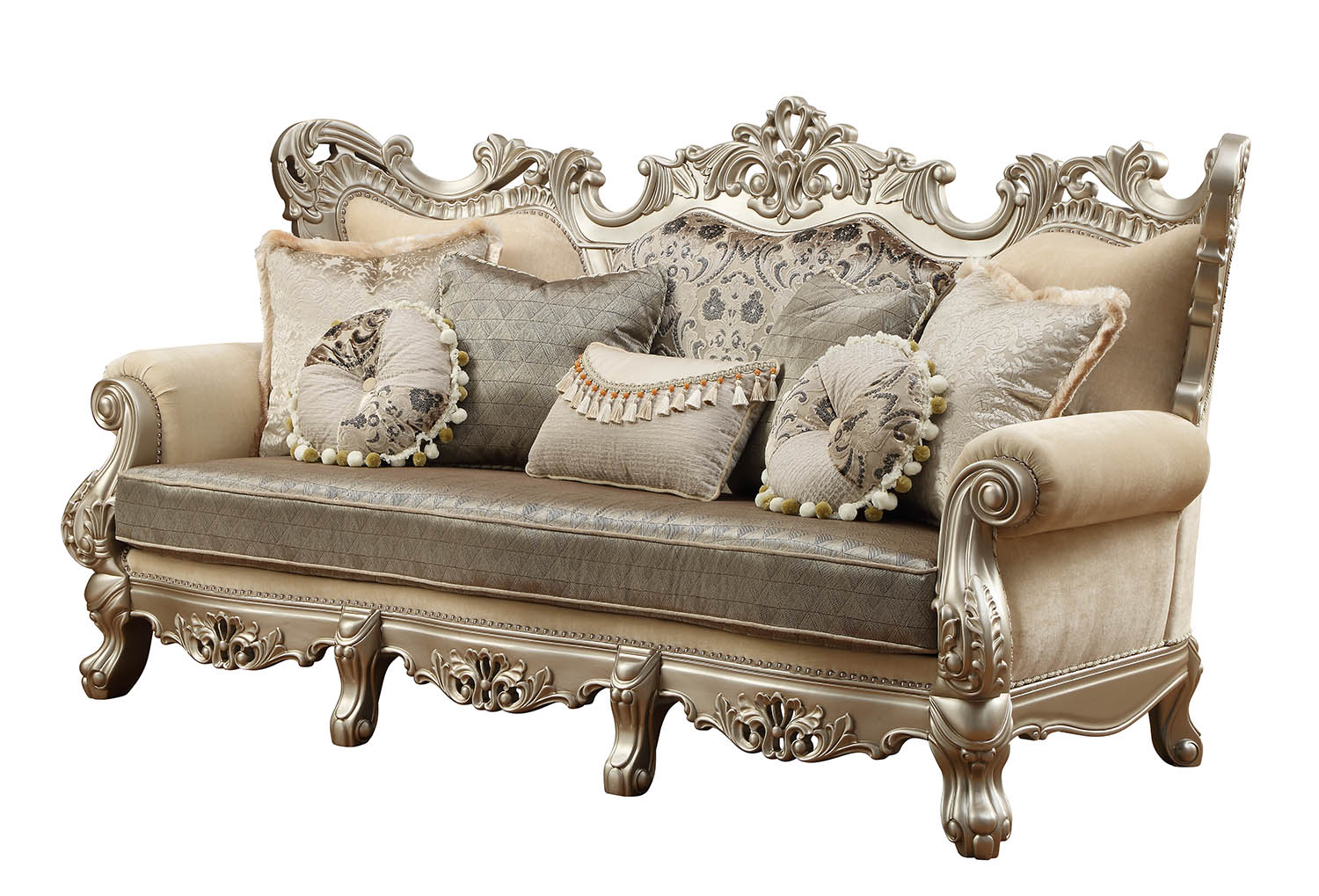 Fabric & Champagne Upholstery Wood LegTrim Sofa w Pillows By Homeroots - Image 3