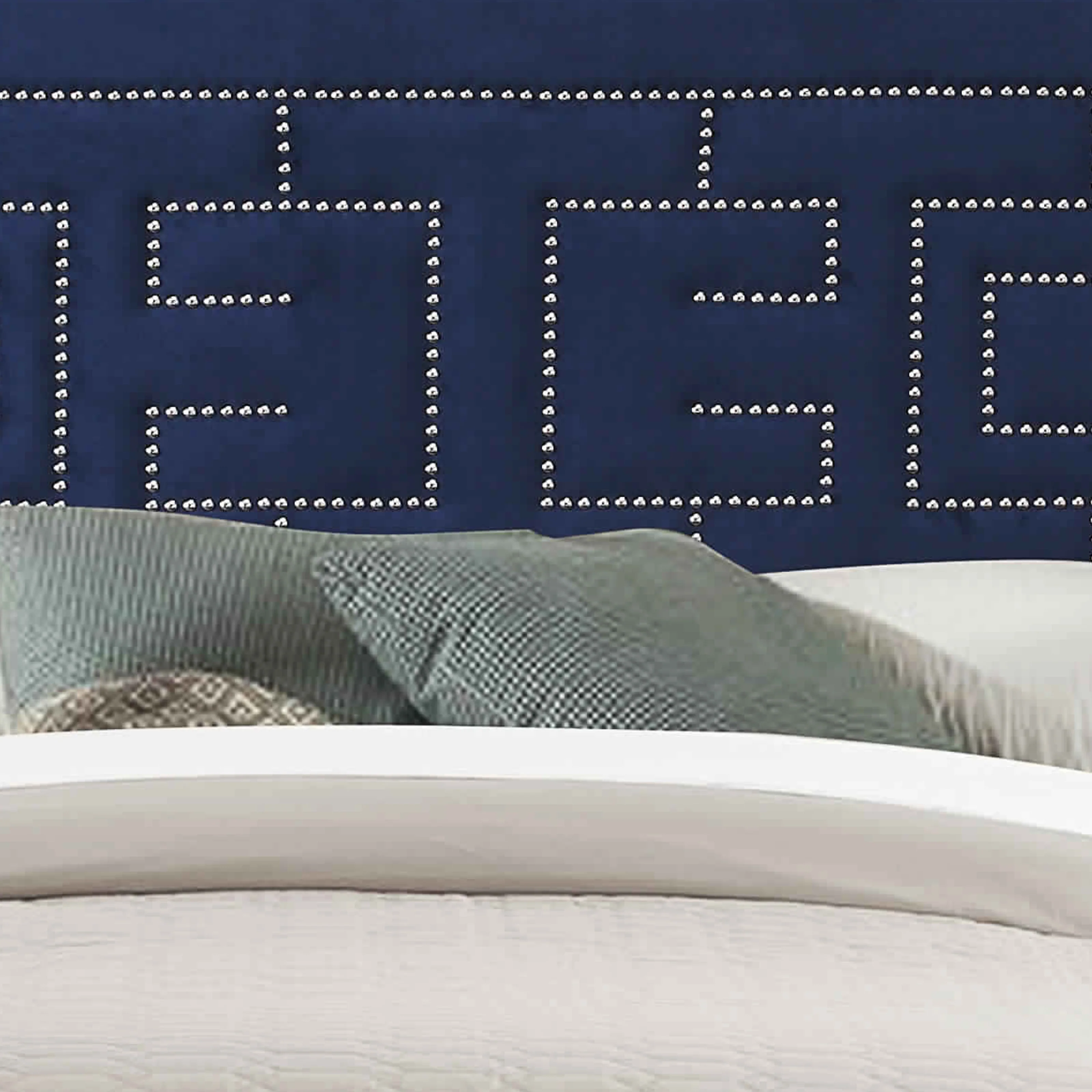 Fabric Eastern King Bed With Geometric Pattern Nailhead Trims, Blue By Benzara - Image 3