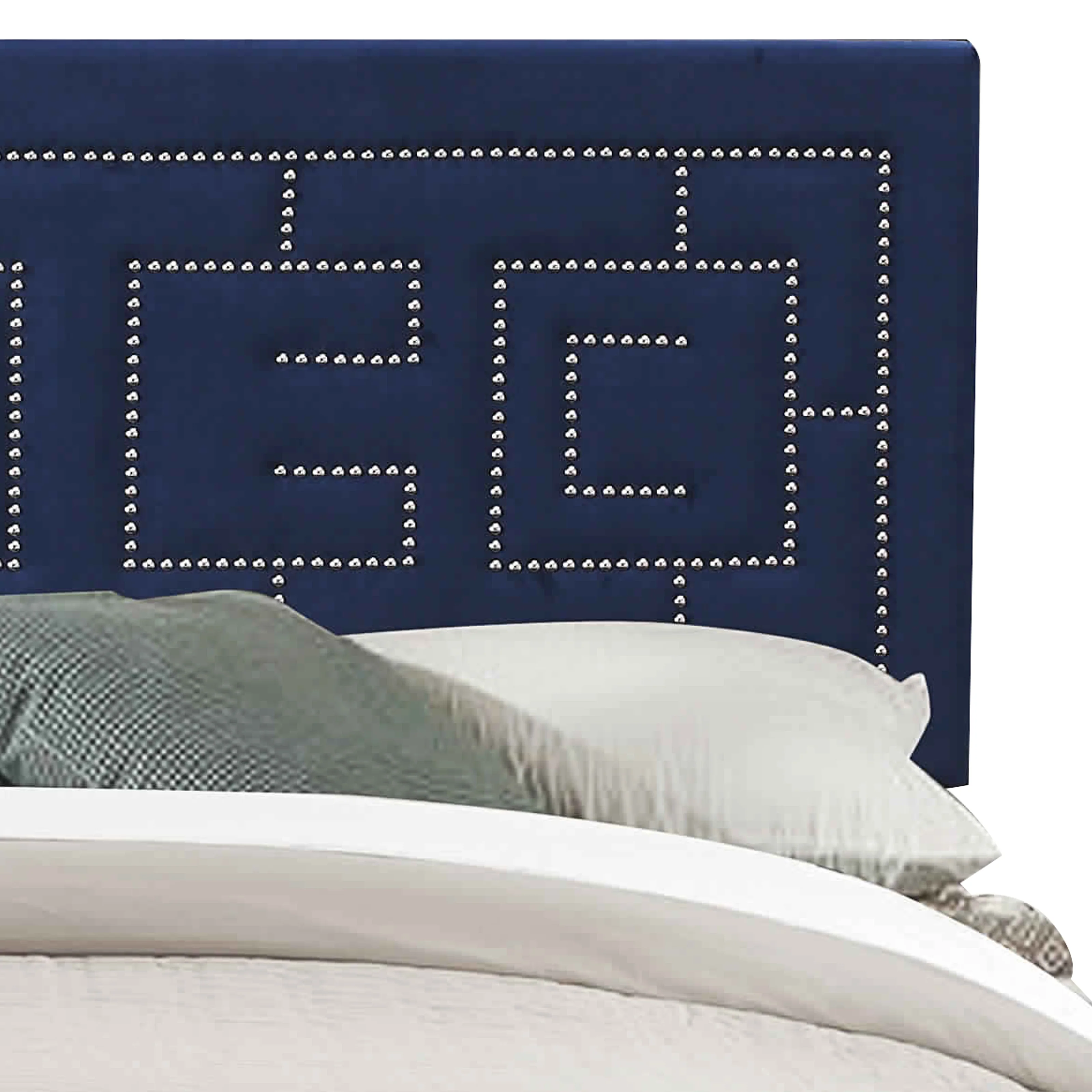 Fabric Eastern King Bed With Geometric Pattern Nailhead Trims, Blue By Benzara - Image 4