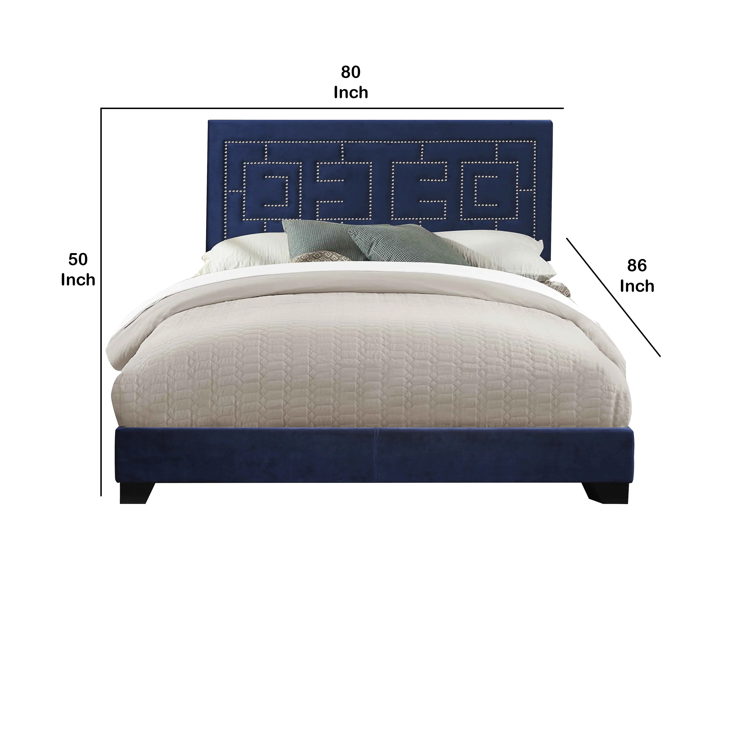 Fabric Eastern King Bed With Geometric Pattern Nailhead Trims, Blue By Benzara - Image 5