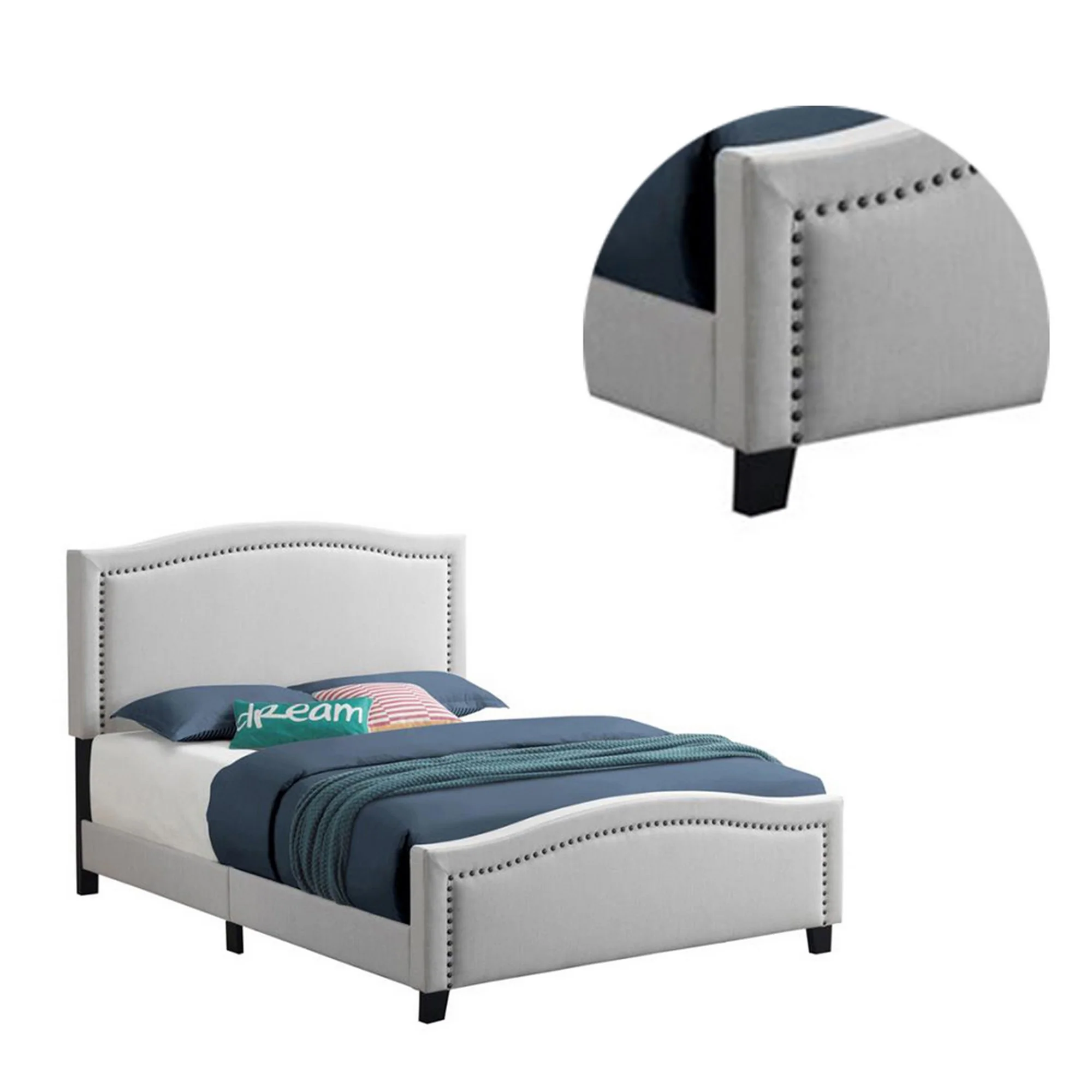 Fabric Upholstered Curved Design Queen Bed Beige By Benzara - Image 2