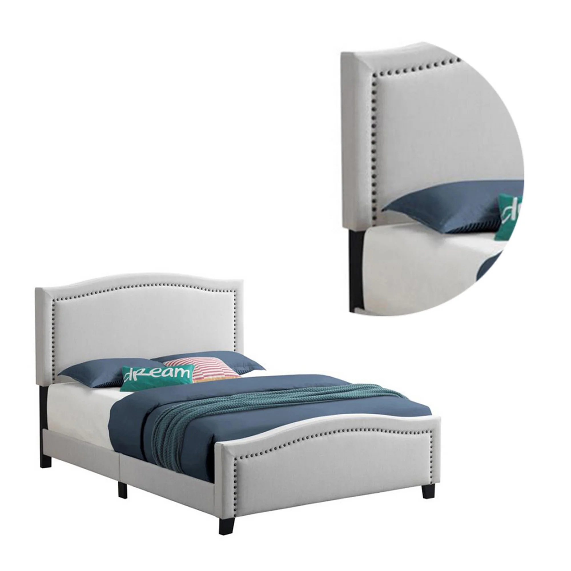Fabric Upholstered Curved Design Queen Bed Beige By Benzara - Image 4