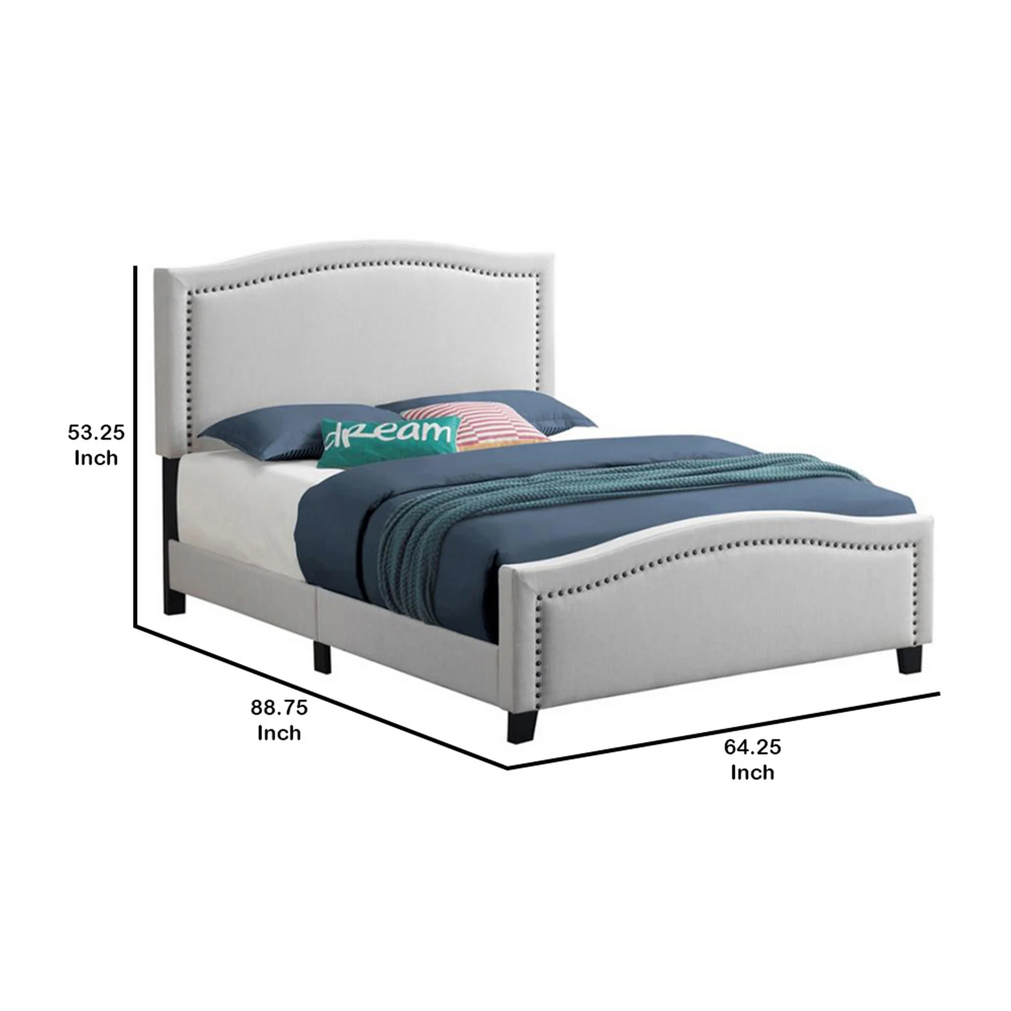 Fabric Upholstered Curved Design Queen Bed Beige By Benzara - Image 5