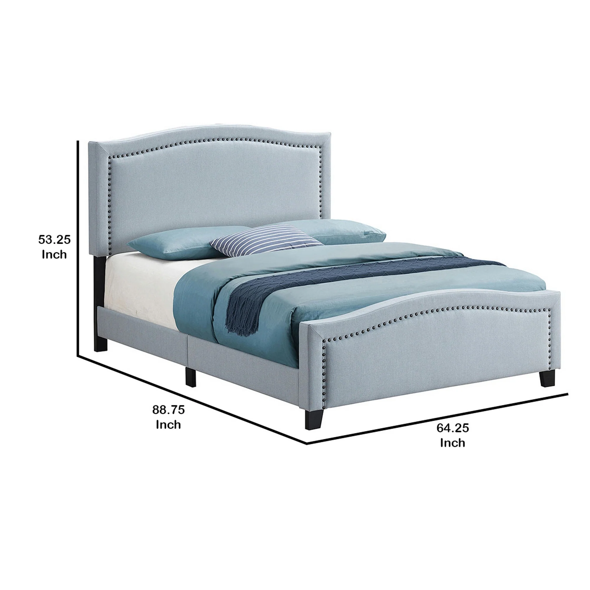 Fabric Upholstered Curved Design Queen Bed Blue By Benzara - Image 2