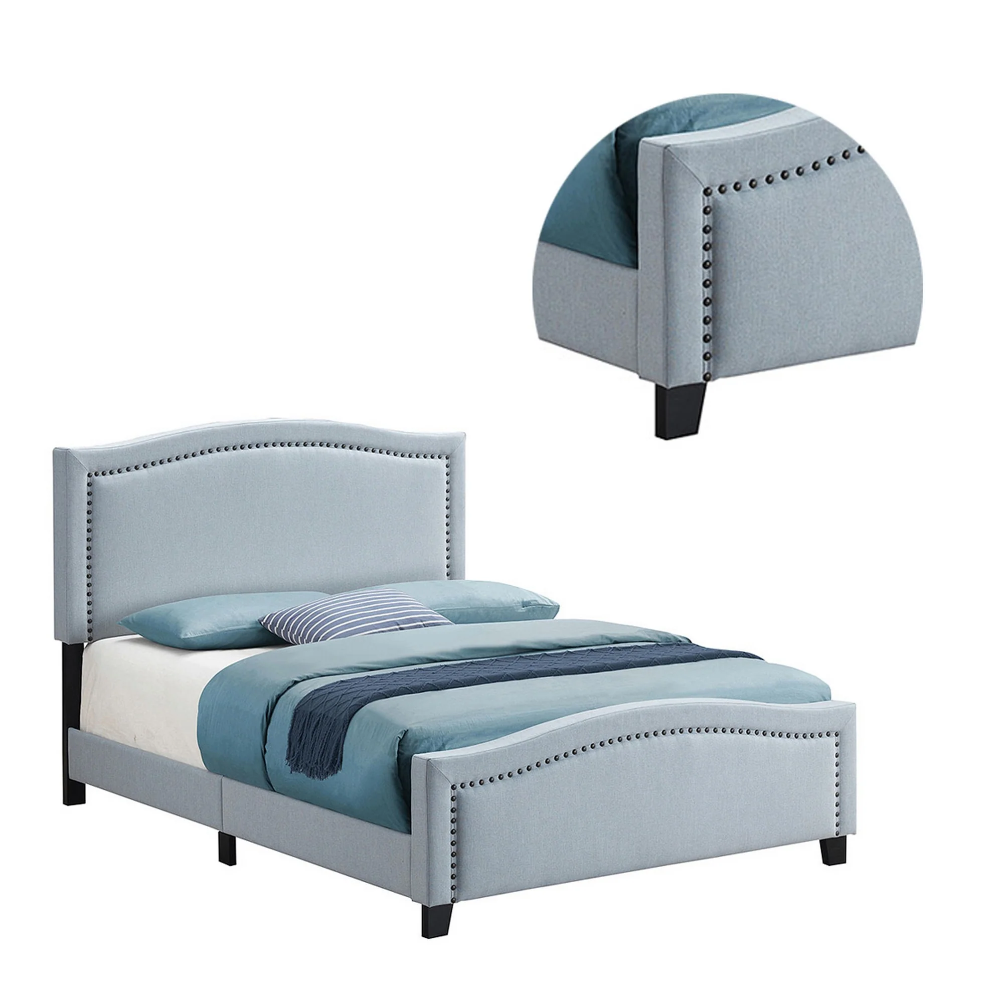 Fabric Upholstered Curved Design Queen Bed Blue By Benzara - Image 3