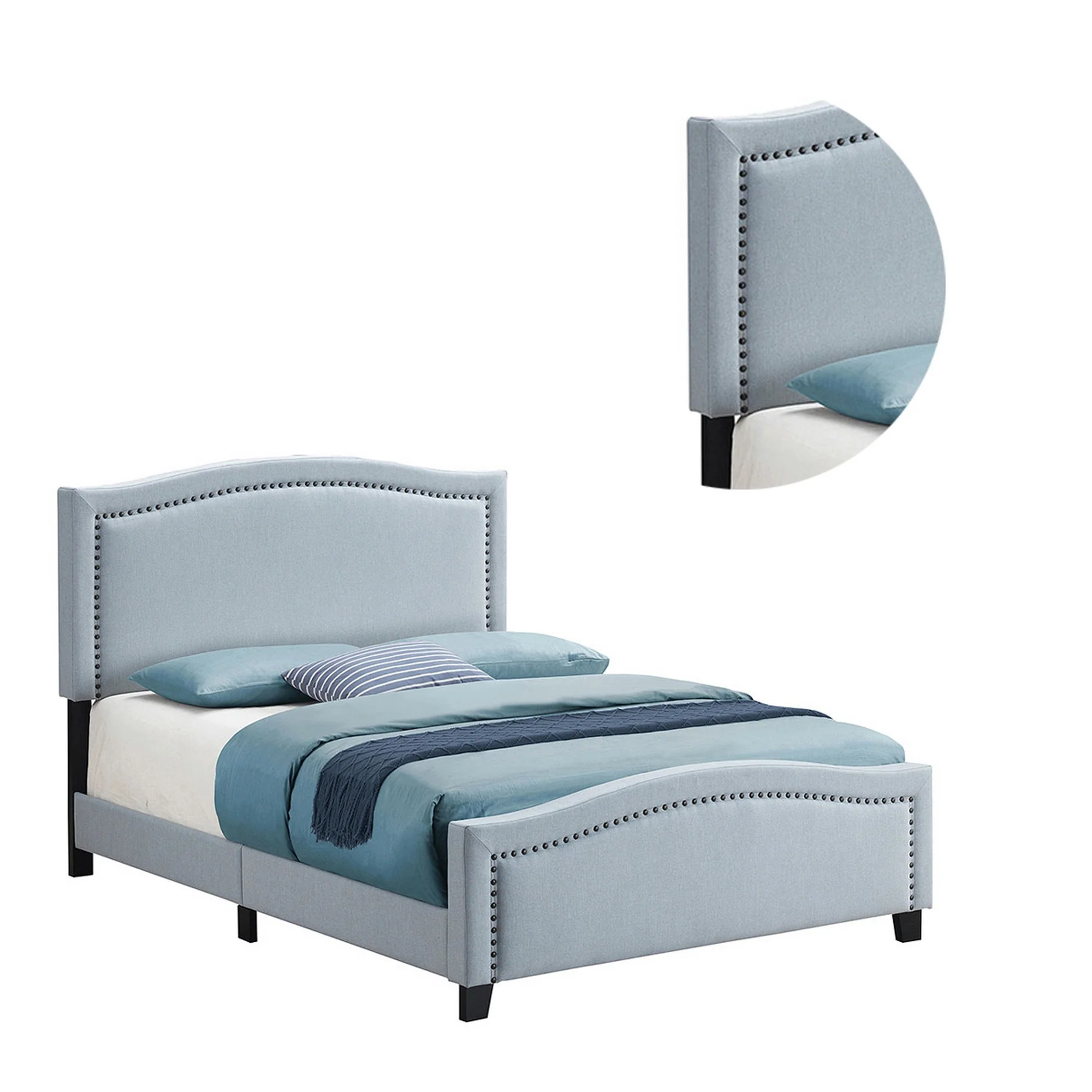 Fabric Upholstered Curved Design Queen Bed Blue By Benzara - Image 5