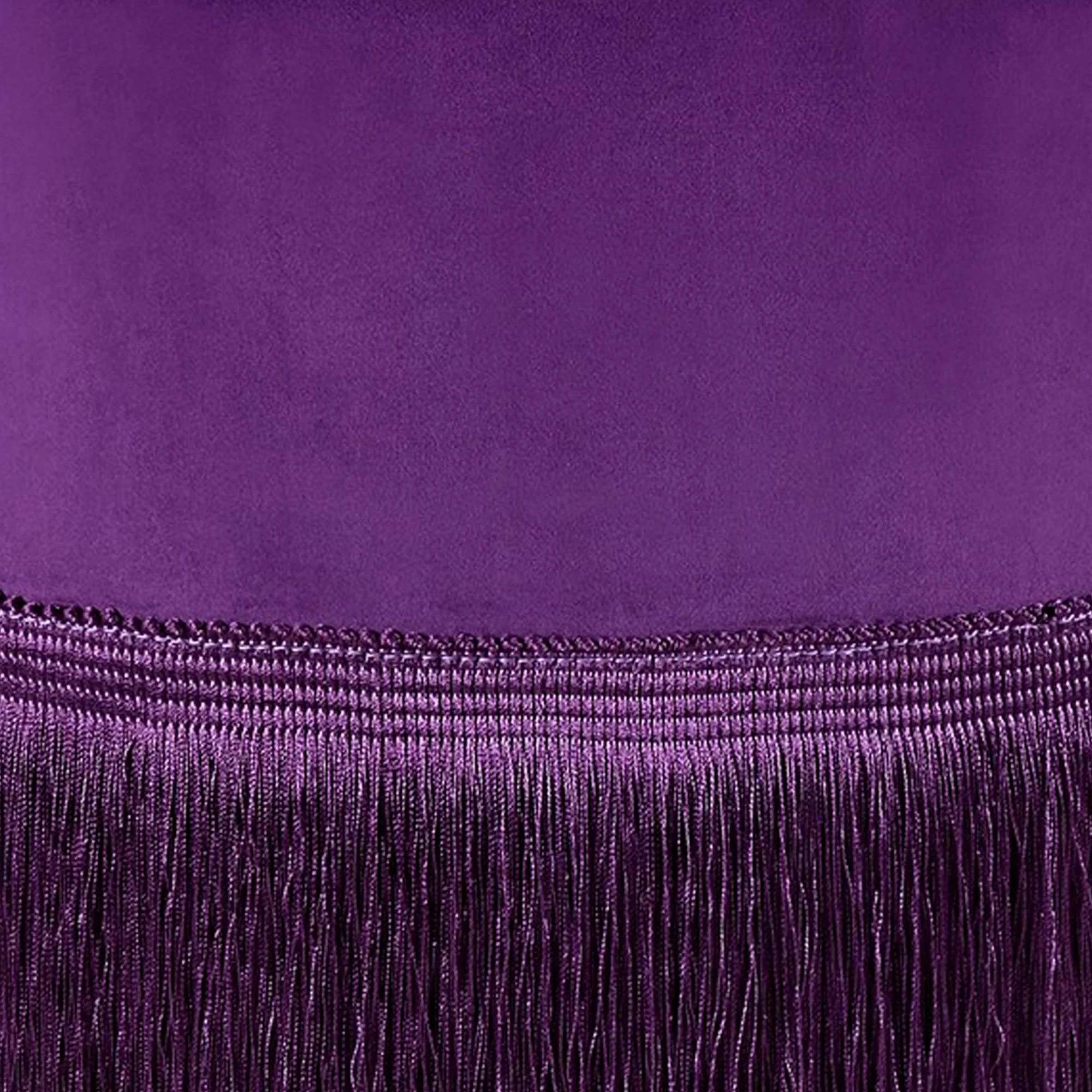 Fabric Upholstered Round Ottoman With Fringes And Metal Base, Purple By Benzara - Image 2