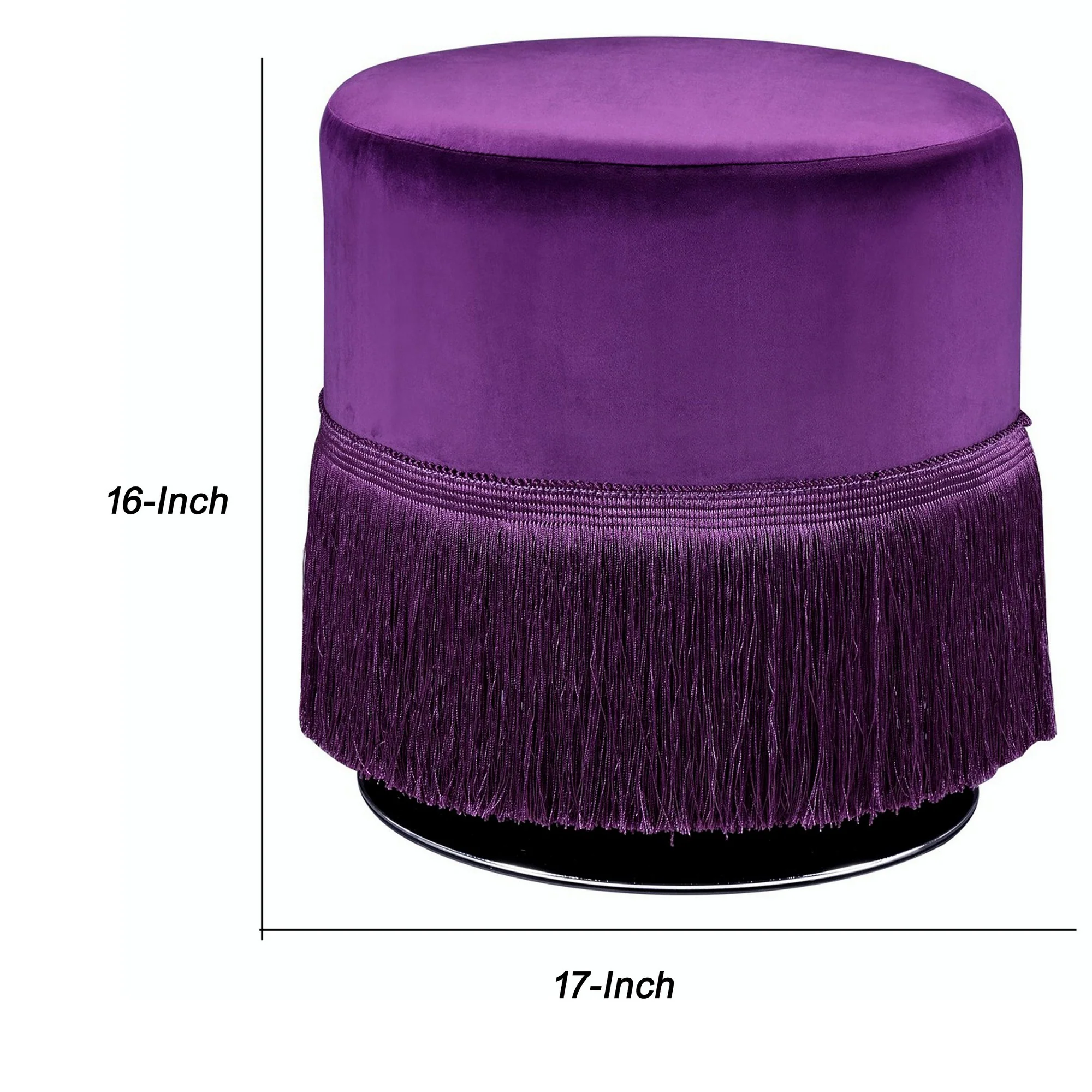 Fabric Upholstered Round Ottoman With Fringes And Metal Base, Purple By Benzara - Image 5