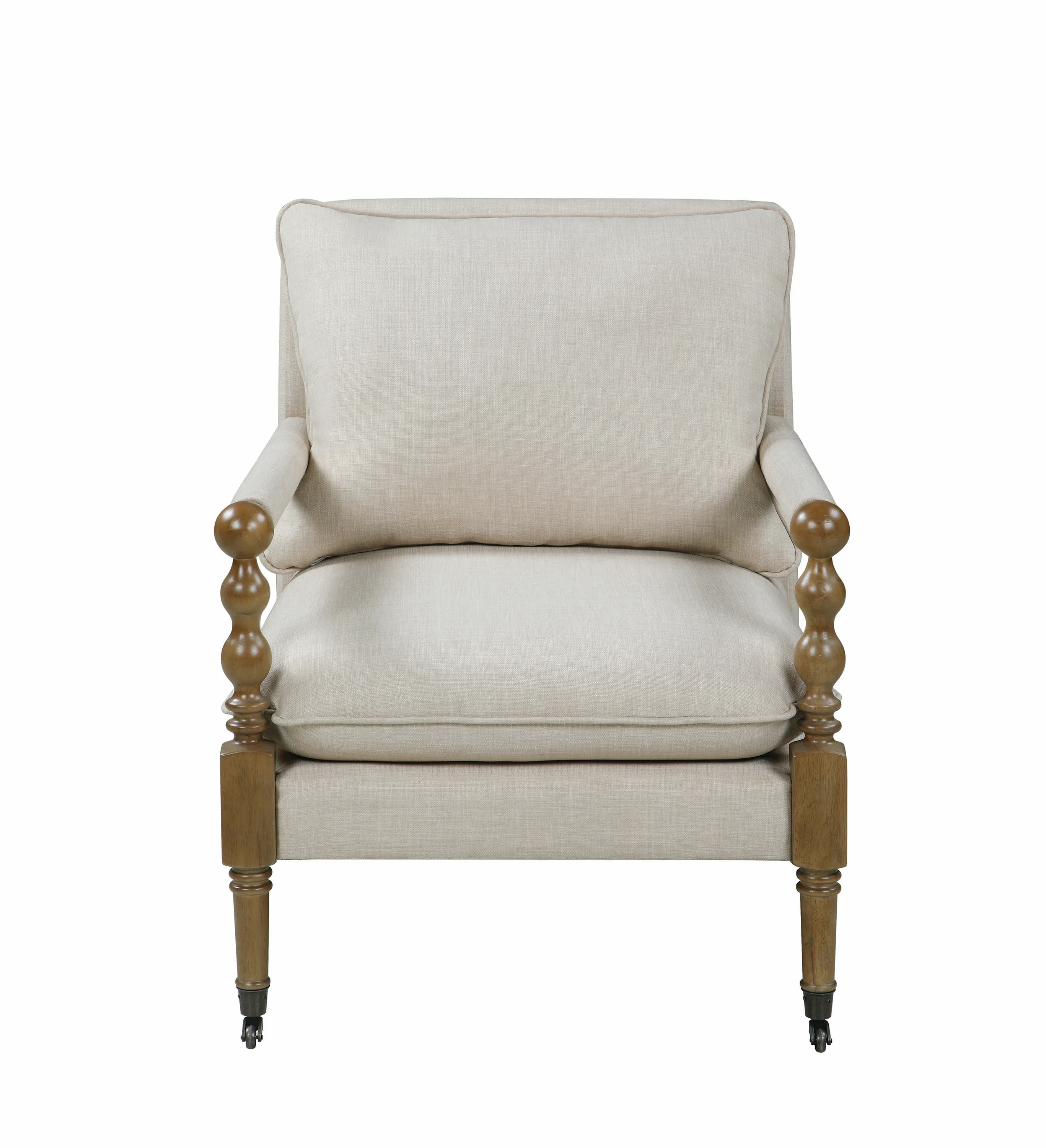 Fabric Upholstered Wooden Accent Chair with Manchette Armrest, Beige and Brown By Benzara - Image 2