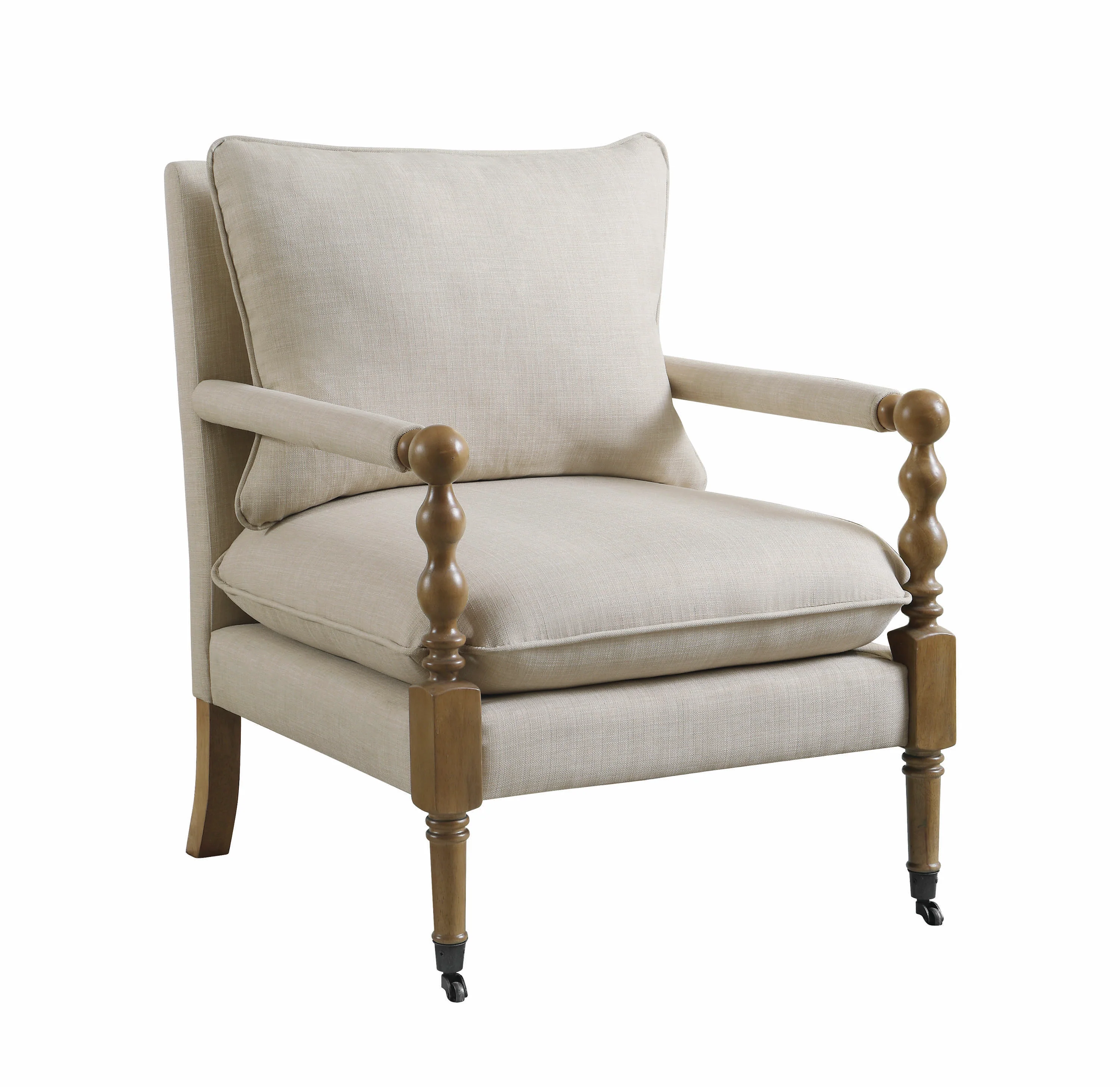 Fabric Upholstered Wooden Accent Chair with Manchette Armrest, Beige and Brown By Benzara - Image 4