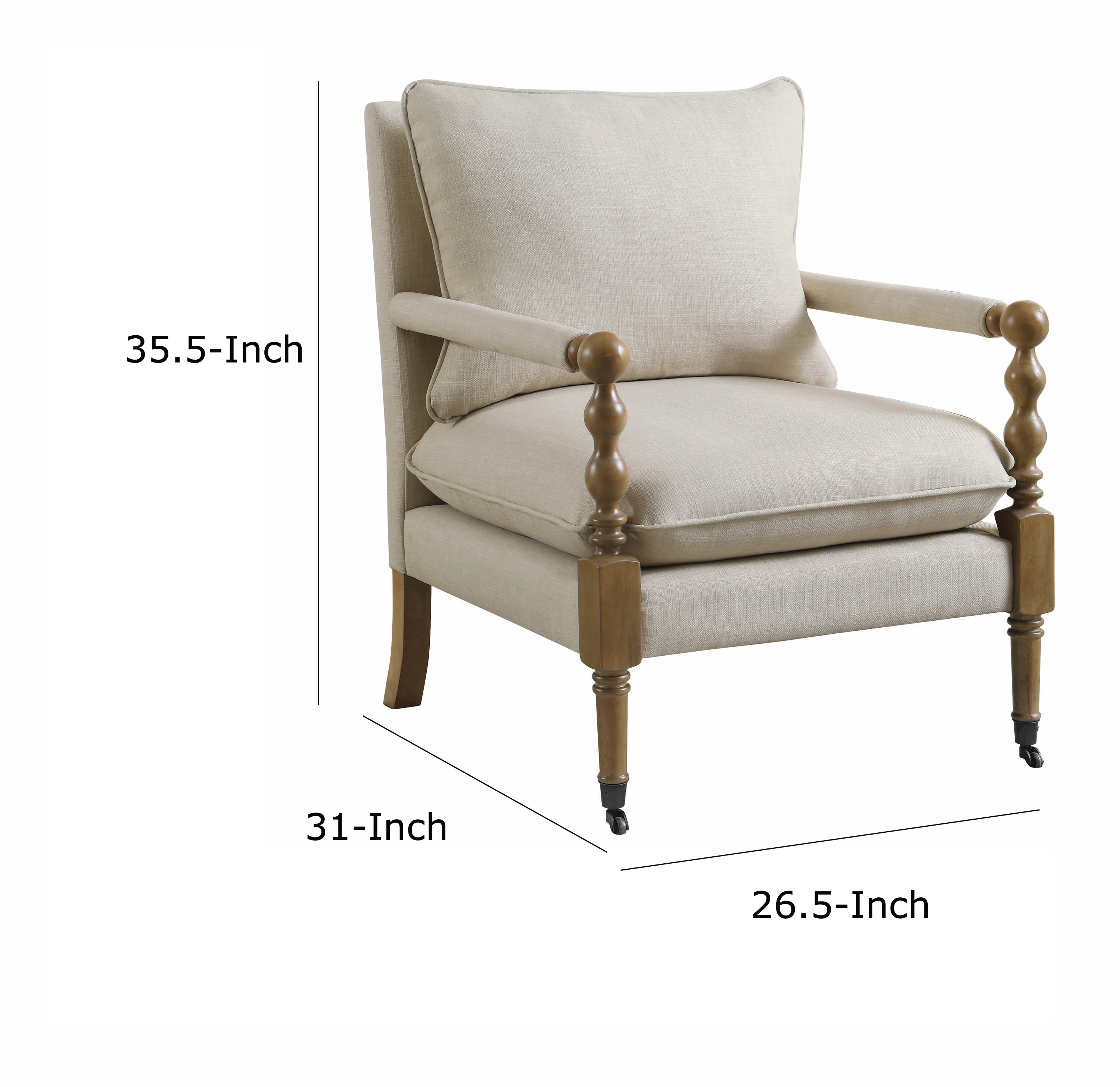 Fabric Upholstered Wooden Accent Chair with Manchette Armrest, Beige and Brown By Benzara - Image 5