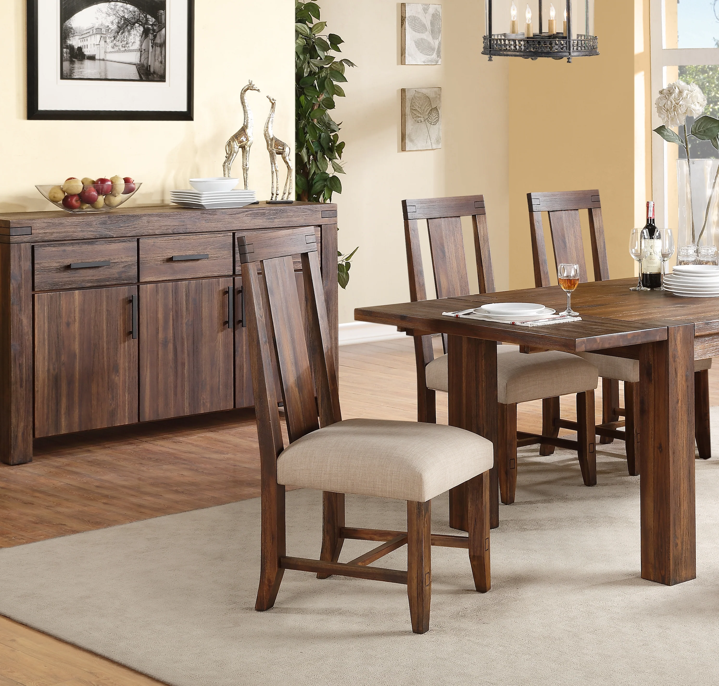Fabric Upholstered Wooden Chair with Exposed Joints, Set of 2, Brick Brown and Beige By Benzara - Image 2