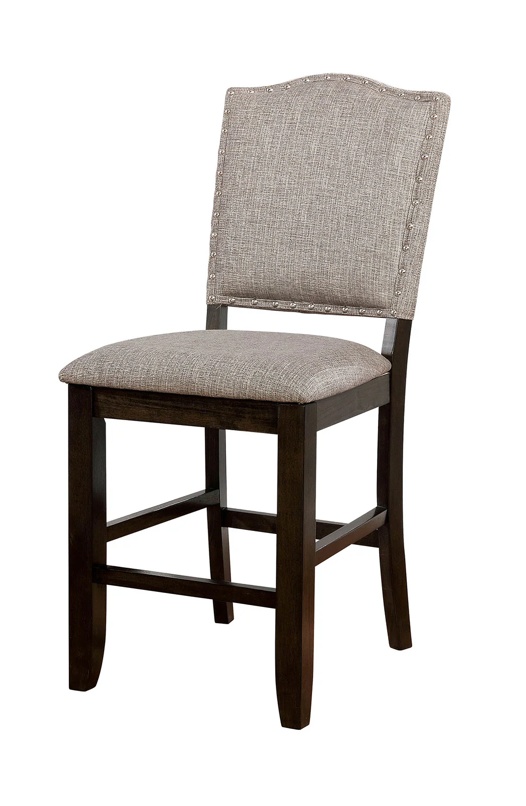 Fabric Upholstered Wooden Counter Height Chair with Camelback, Pack of Two, Gray and Brown By Benzara - Image 2